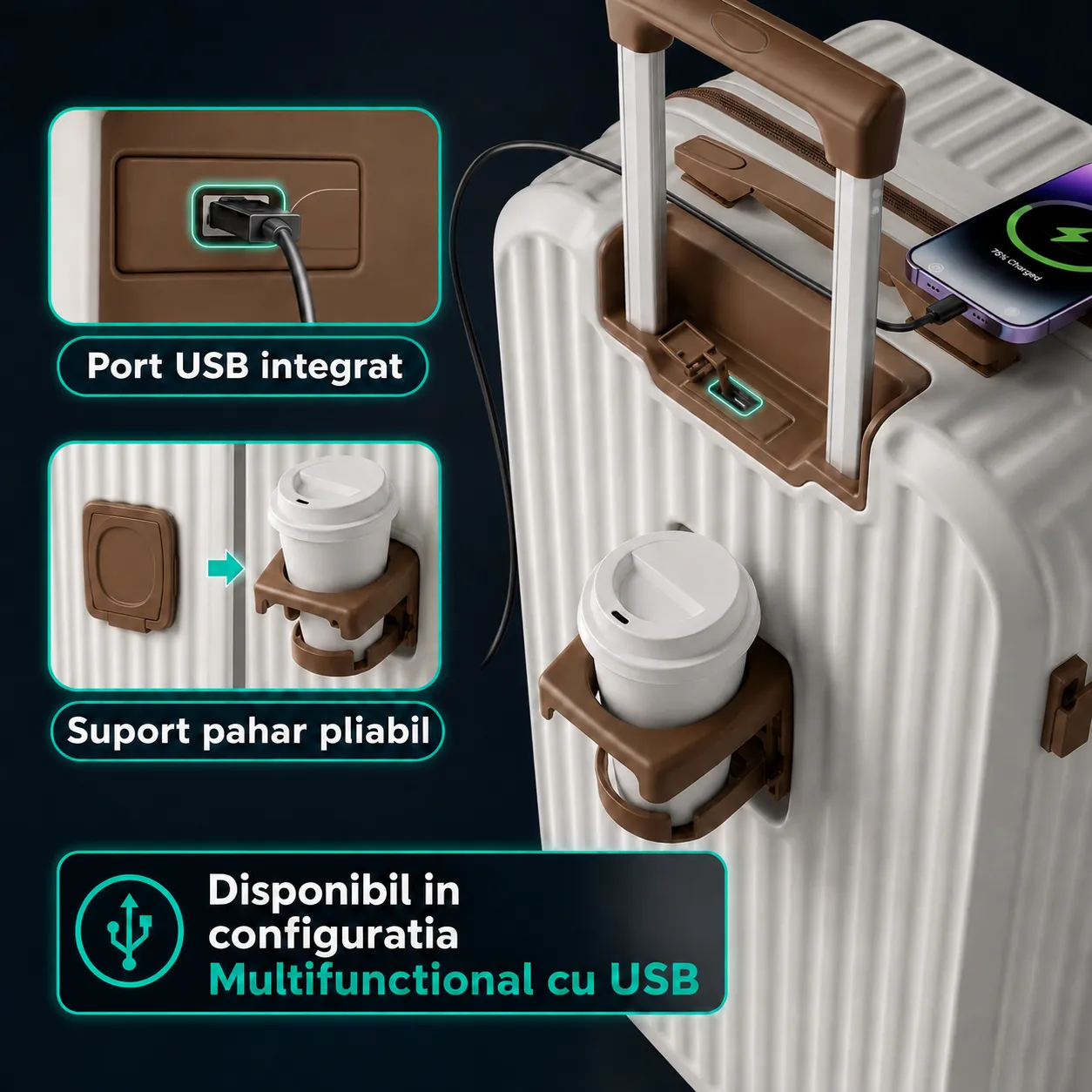 Timebox 20" Troler Cabina ABS 34x22x55cm Alb cu Port USB