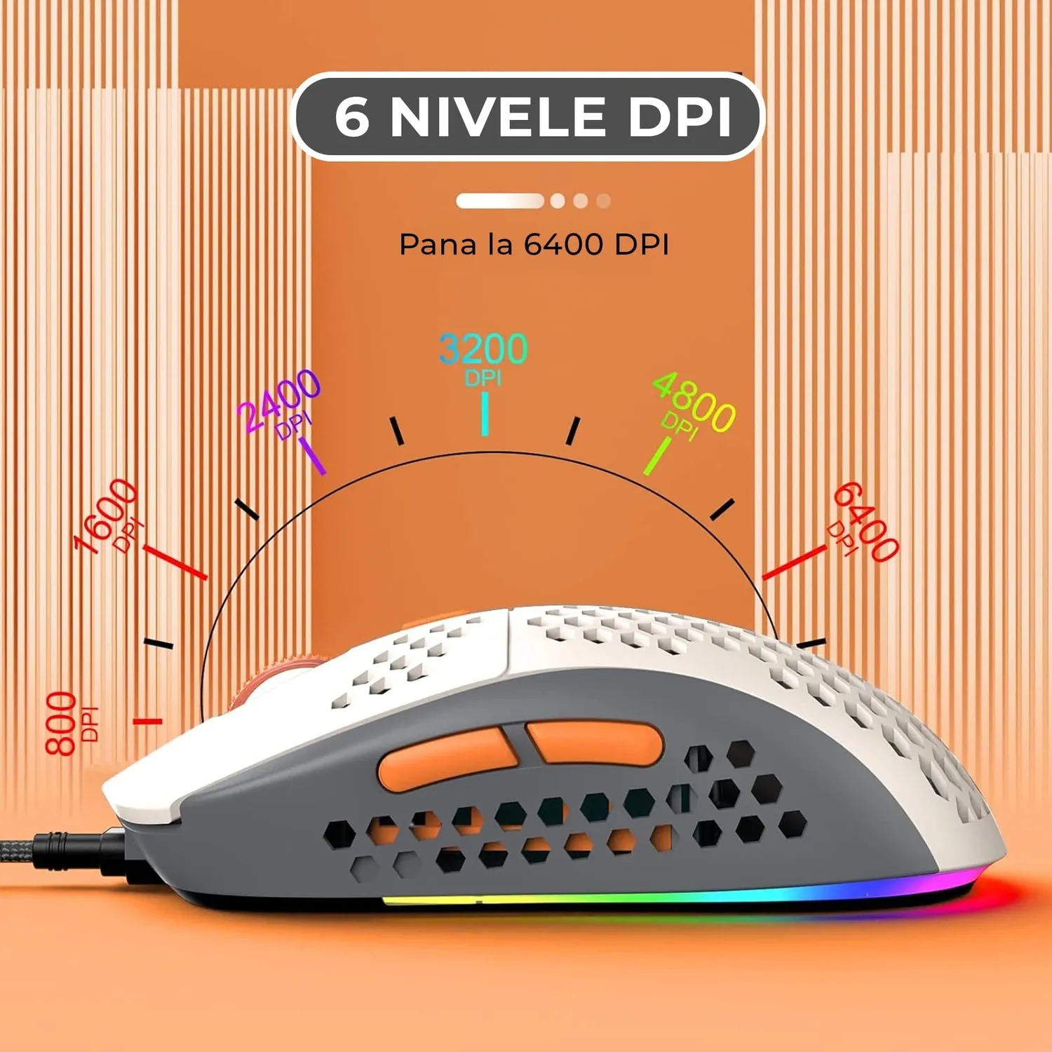 Timebox mouse gaming USB 6400 DPI RGB alb portocaliu usor