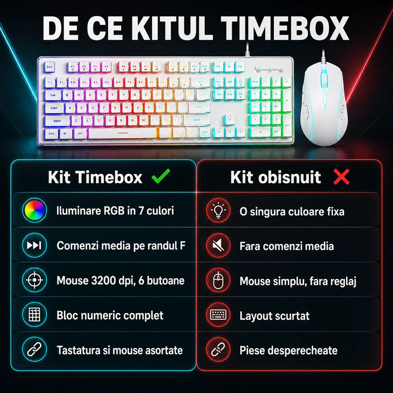 Timebox Kit tastatura mouse gaming RGB alb 104 taste
