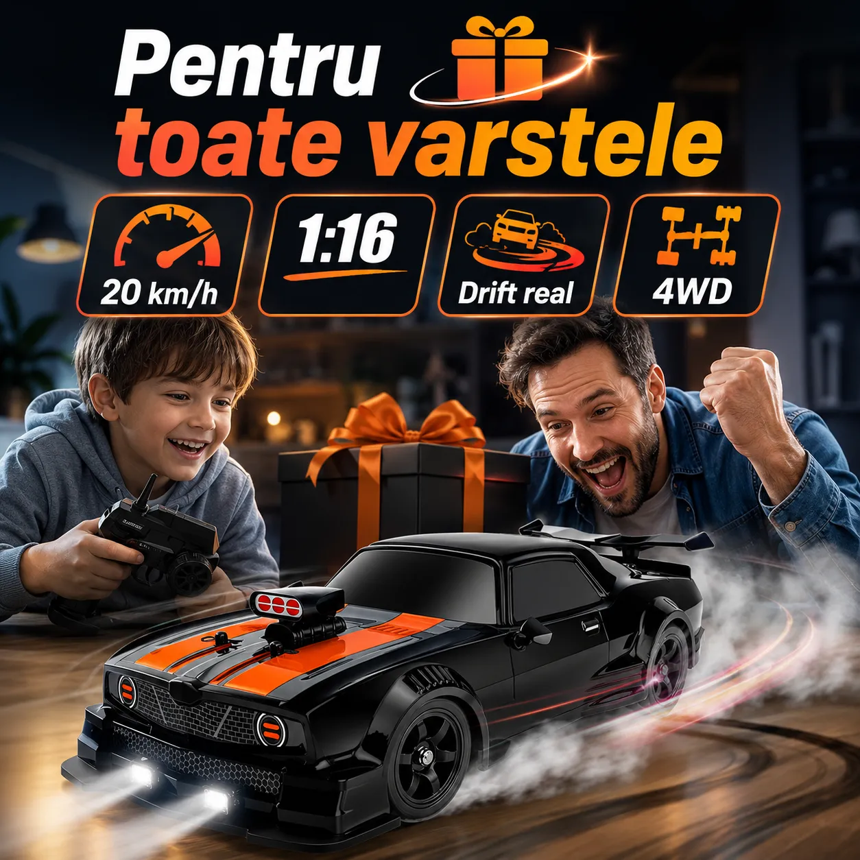 Timebox mașină drift RC 1:16 20 km/h negru portocaliu