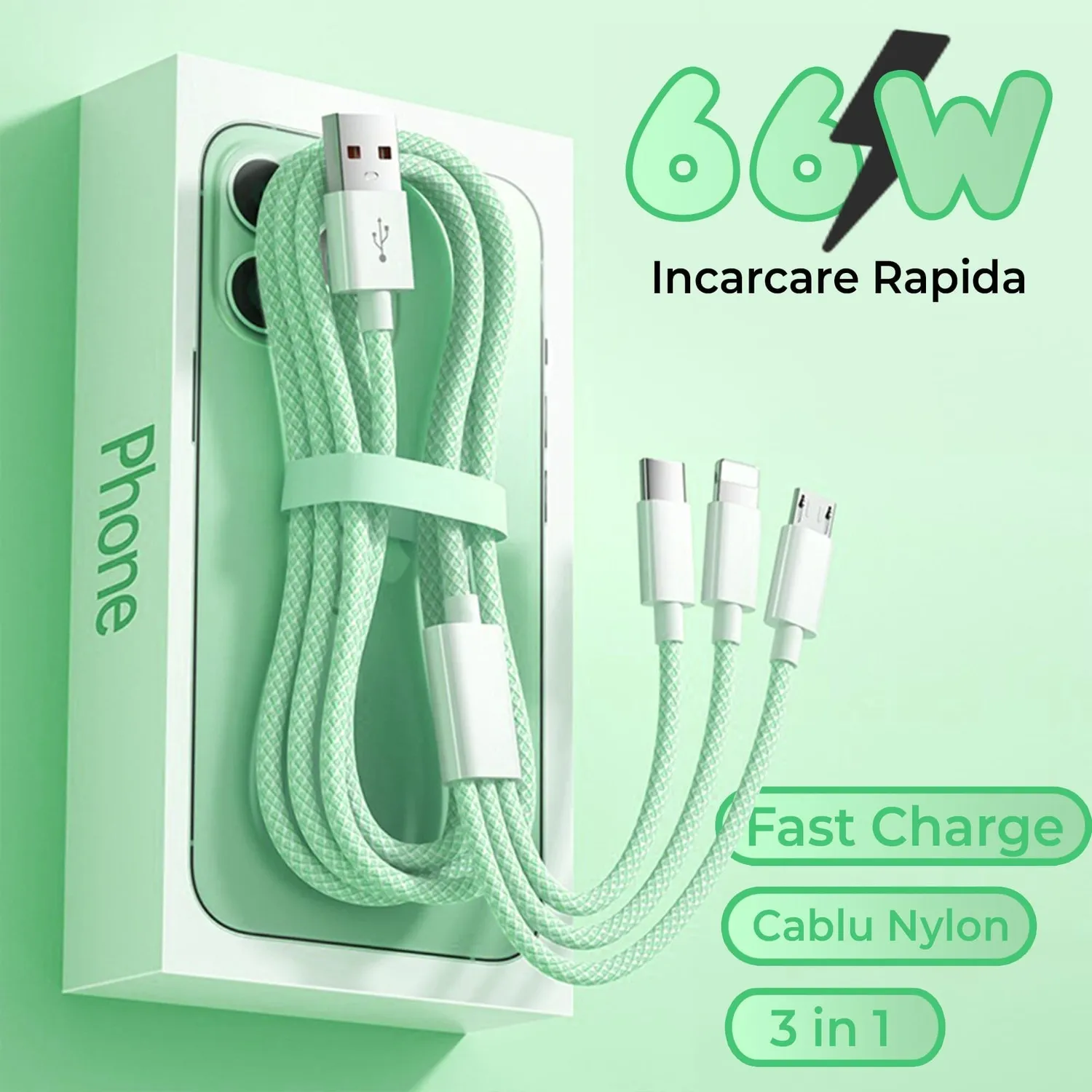 Timebox 3 in 1 66W cablu incarcare verde 1,2m QC3.0