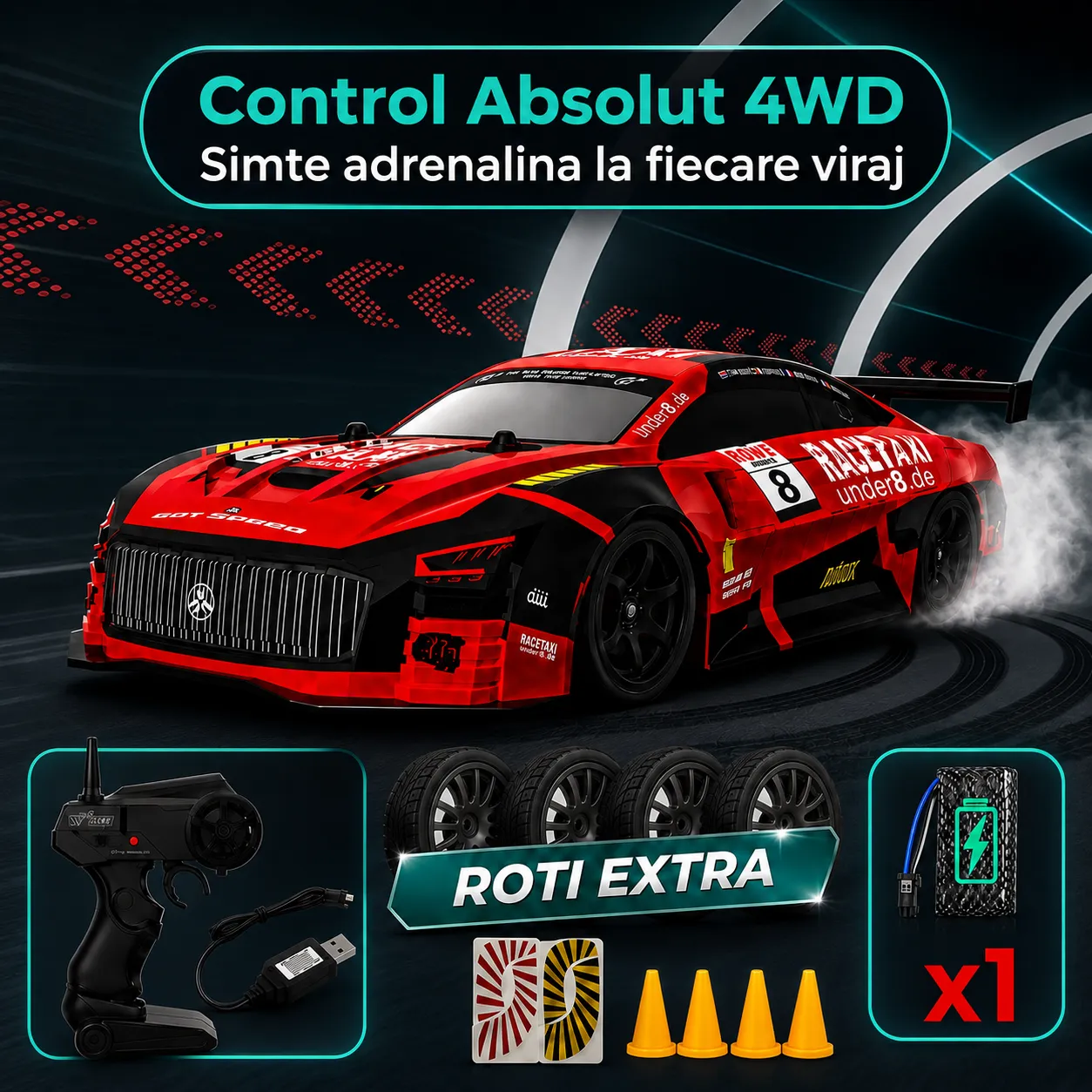 Timebox mașină telecomandă drift 1:20 roșie 30km/h