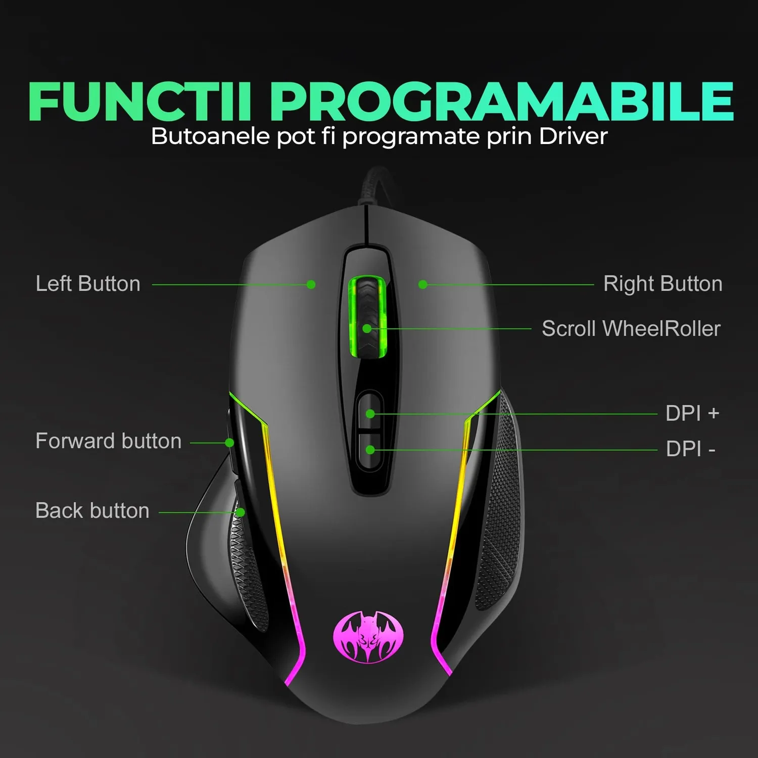Timebox Jiggler mouse gaming RGB negru USB 3 DPI