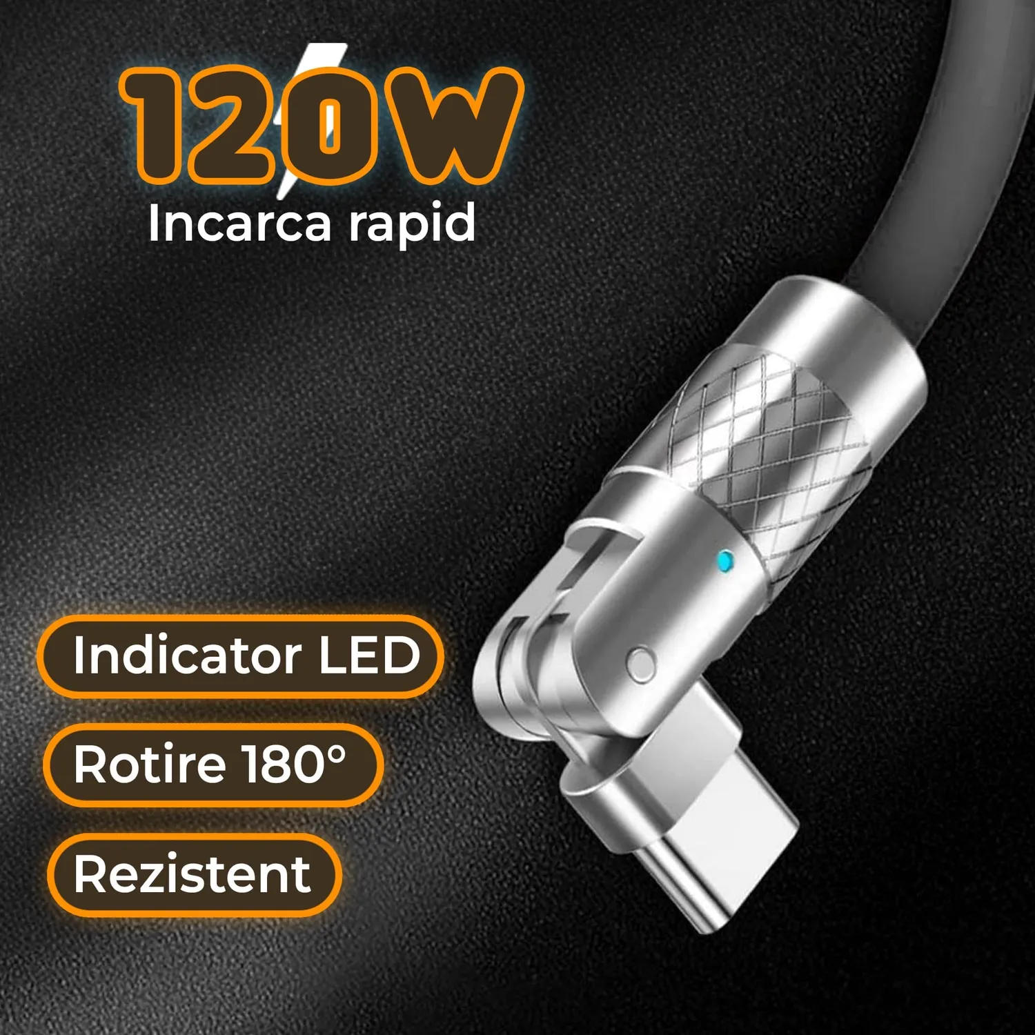 Timebox Cablu USB-C 120W Negru 2m cu LED și QC 3.0