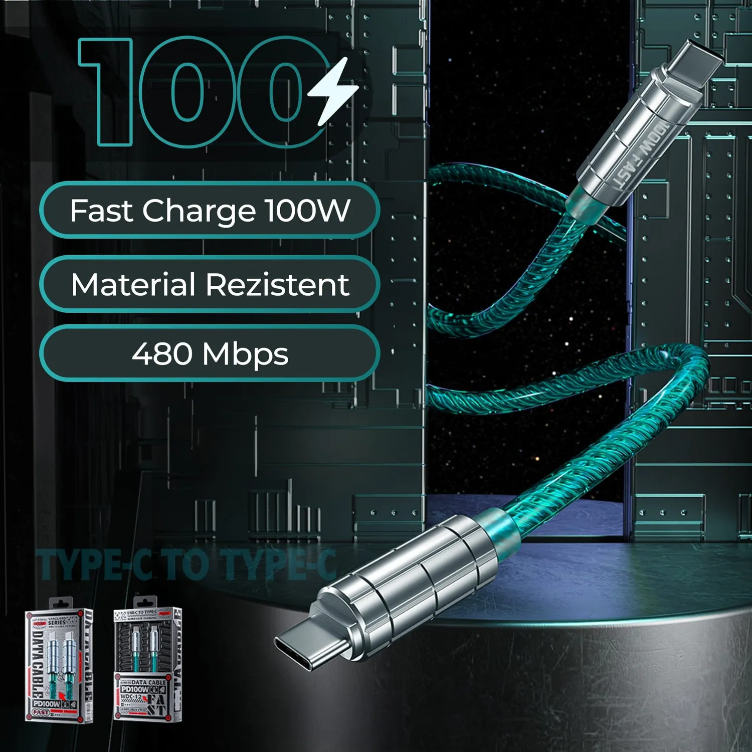 Timebox Cablu USB-C 100W 1m Turcoaz Date