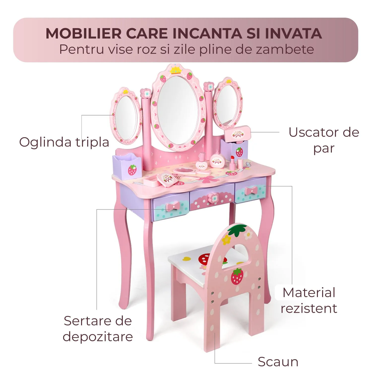 Masuta Timebox machiaj lemn cu scaun roz 4-6 ani