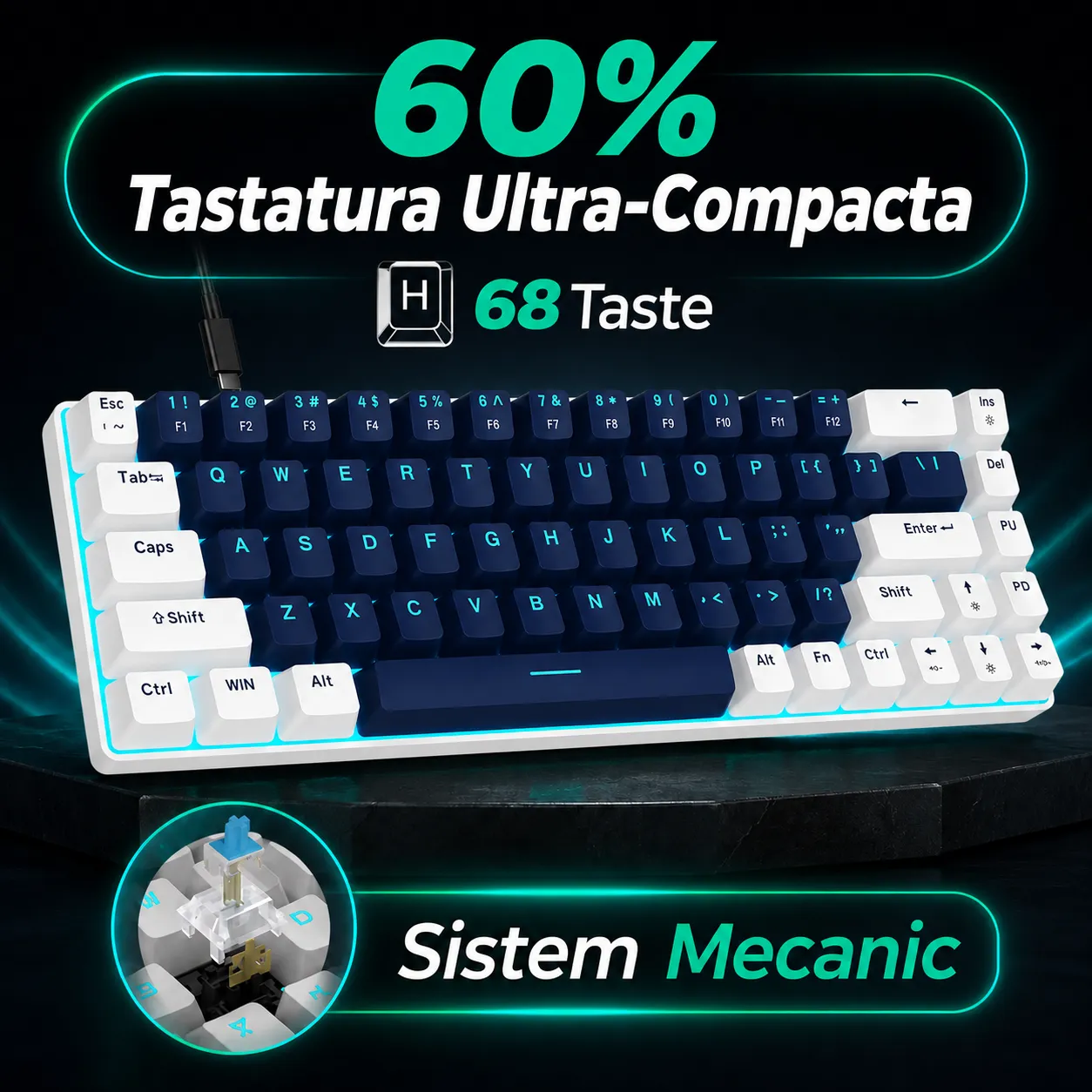 Timebox tastatură mecanică gaming 60% blue switch albastră