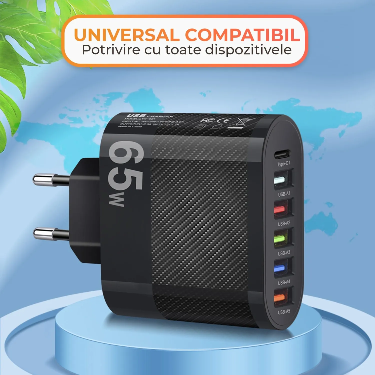 Încărcător rețea Timebox 65W 6 porturi Type-C USB negru rapid