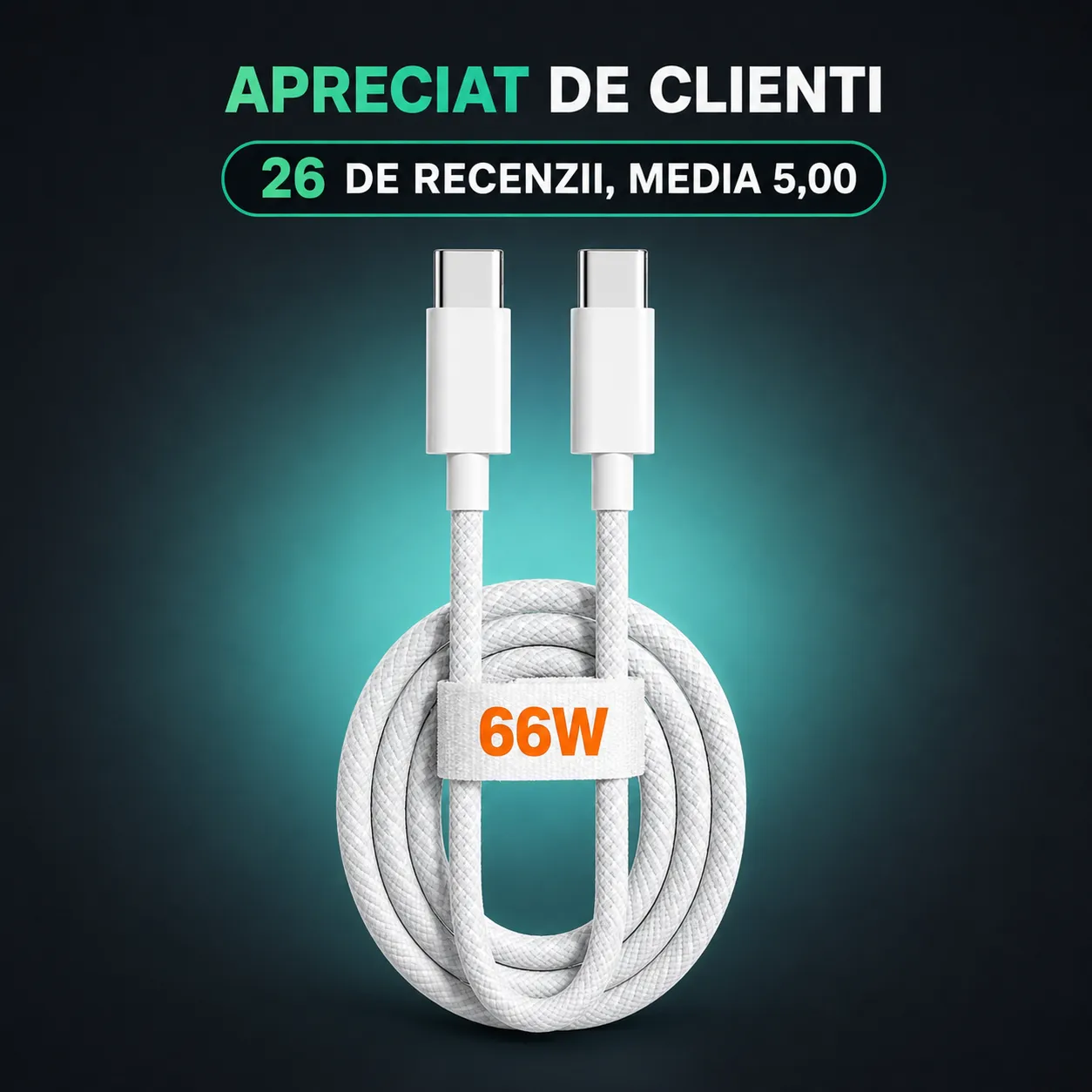 Timebox Cablu USB-C la USB-C 66W 1m alb