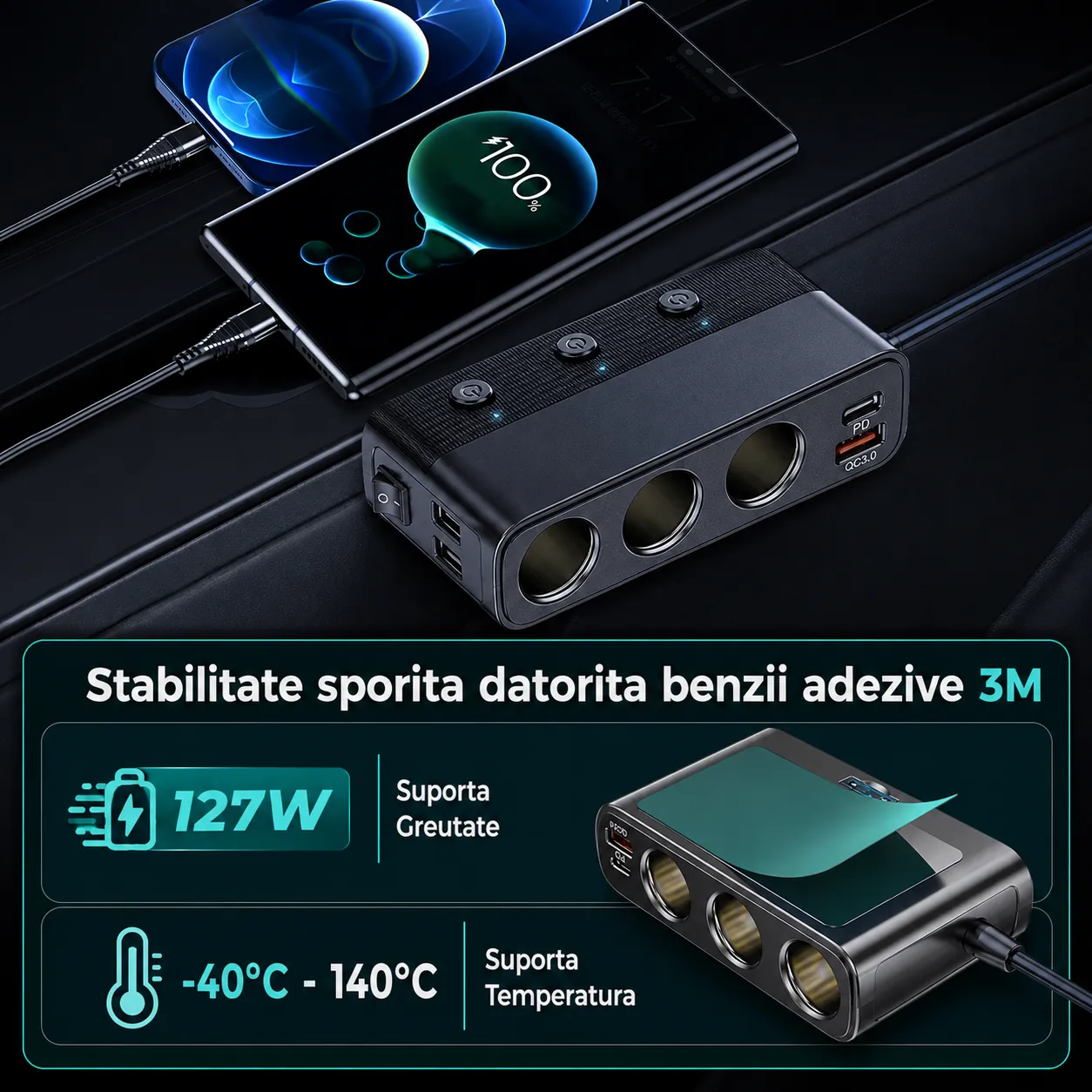 Timebox Adaptor Priza Auto 7 in 1 128W Negru