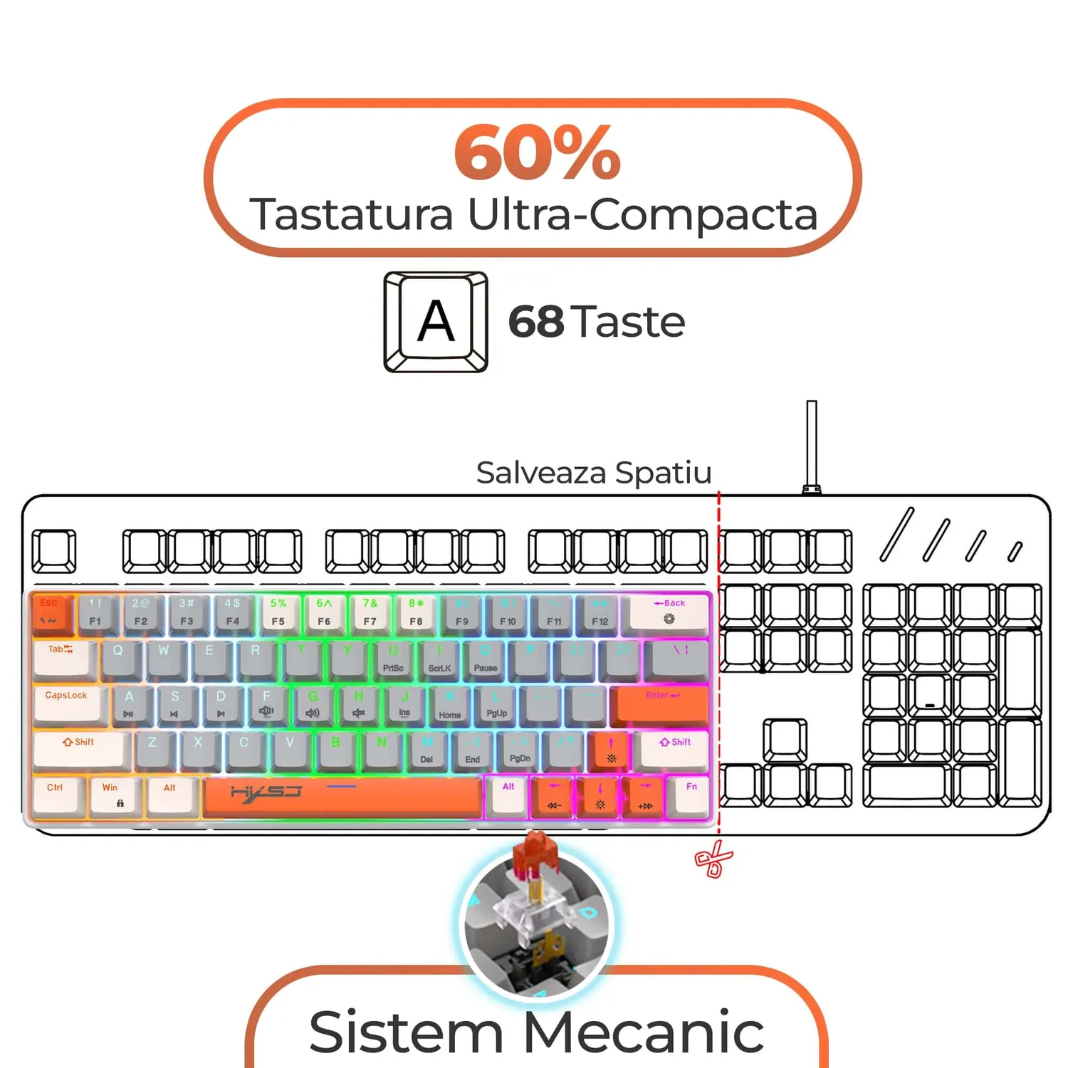 Tastatura gaming Timebox 60% Red Switch gri portocaliu