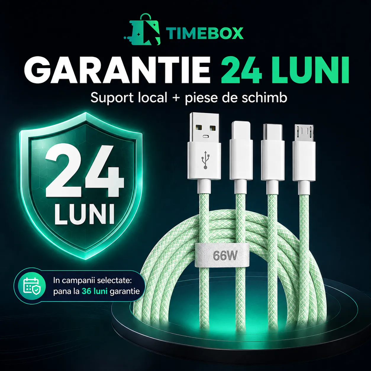 Timebox 3 in 1 cablu incarcare rapida 66W 2m verde QC3.0