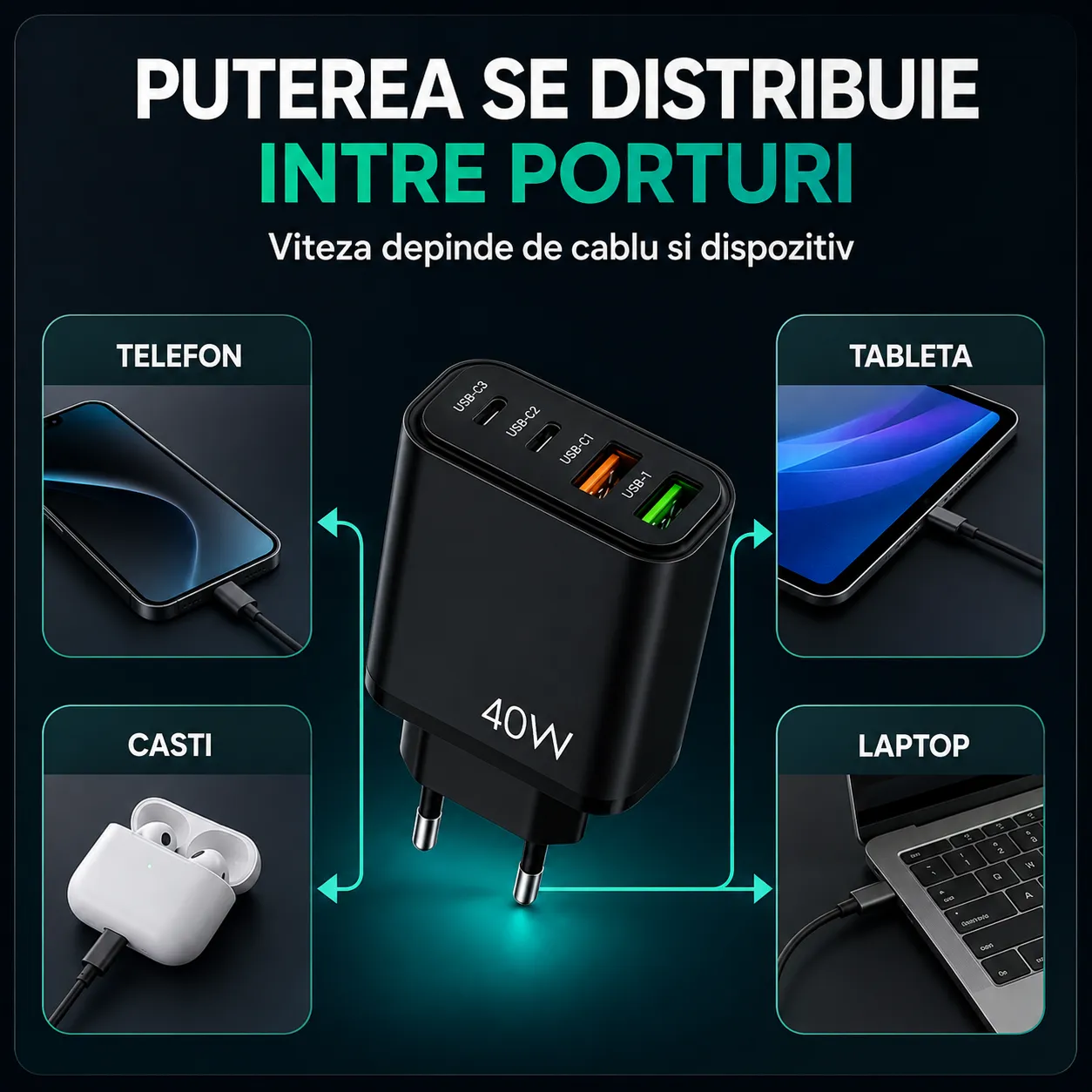 Timebox încărcător rețea 40W 4 porturi negru