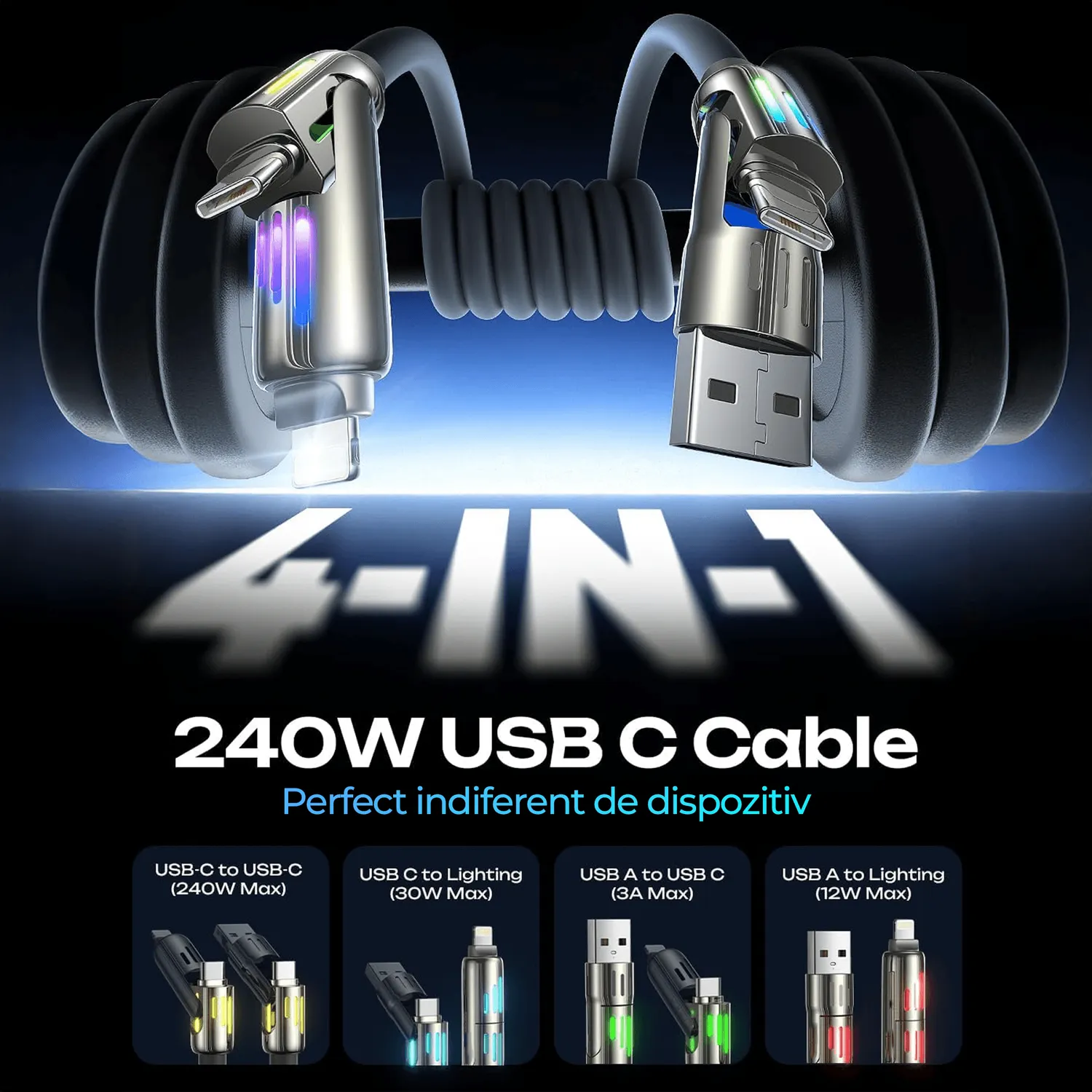Timebox cablu 4 in 1 240W 2m gri USB-C Lightning