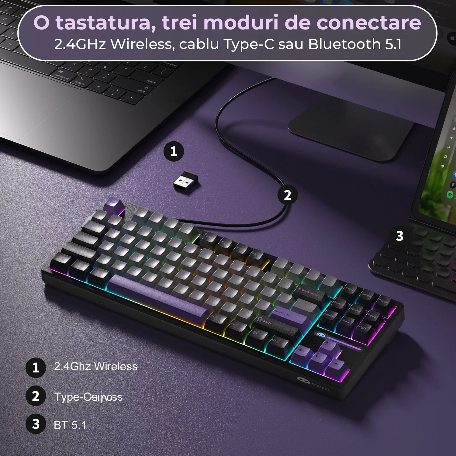 Timebox 80% tastatura mecanica gaming wireless mov RGB
