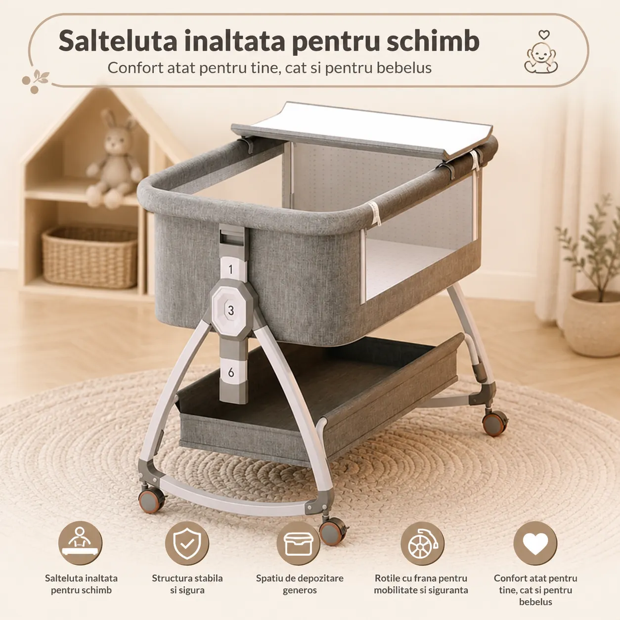 Timebox patut portabil bebelusi co-sleeper gri reglabil