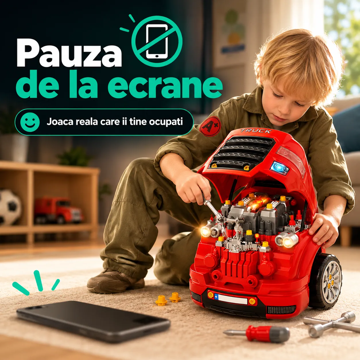 Timebox Motor Camion jucarie mecanic auto 8 ani cu lumini