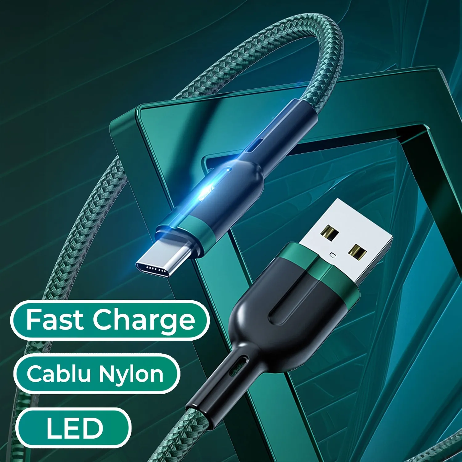 Timebox QC3.0 cablu Lightning verde 1,2m LED nylon