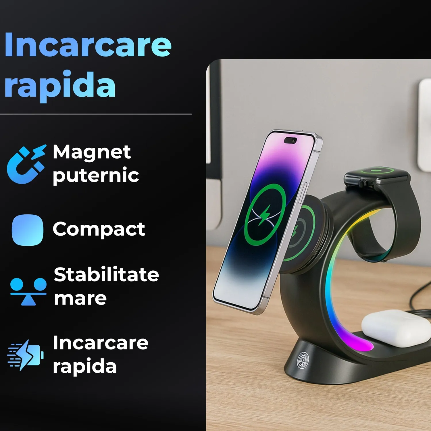 Timebox 3 in 1 incarcator wireless 15W MagSafe RGB