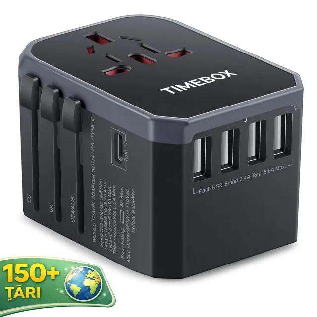 Timebox adaptor priza calatorie universal 4 USB Type-C gri