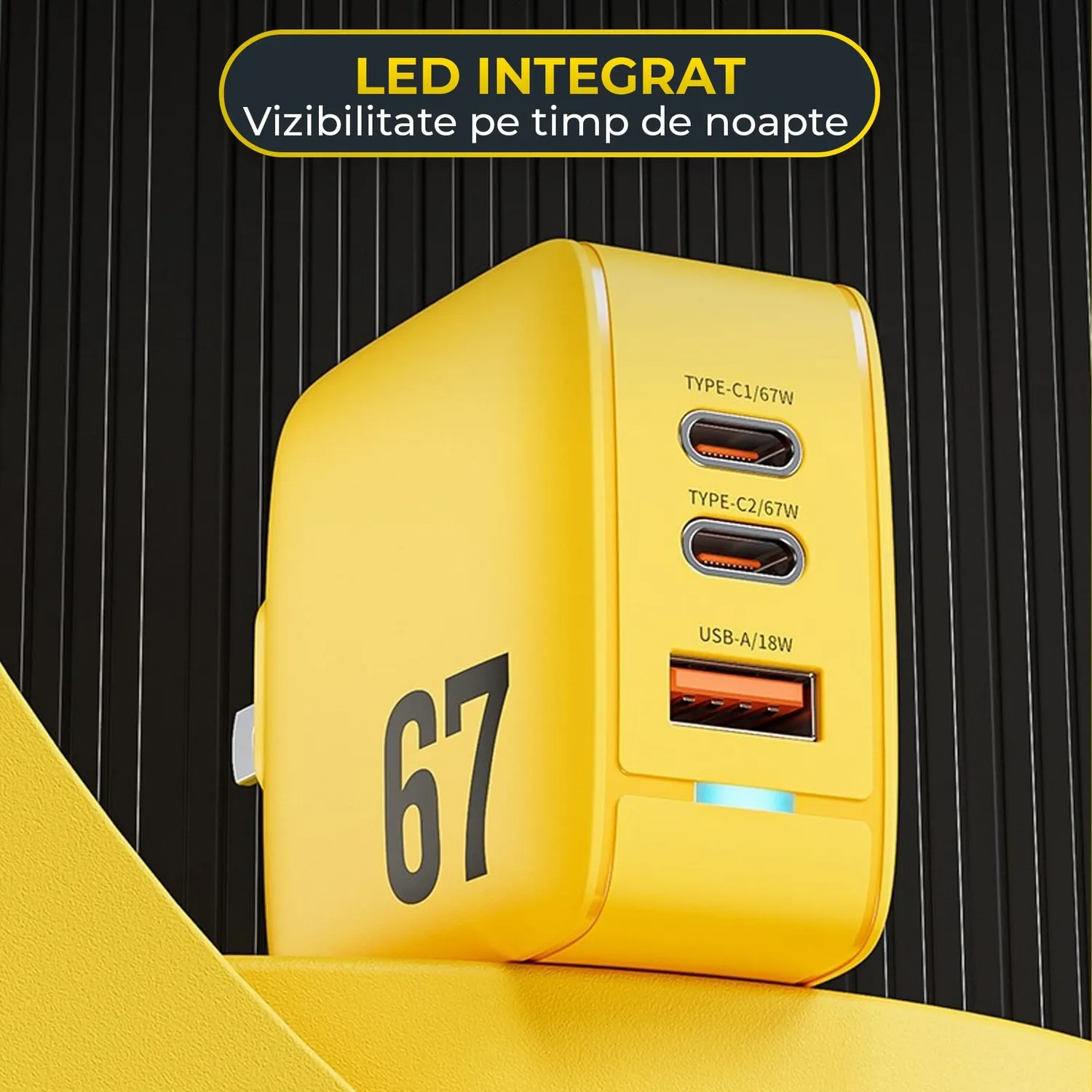 Încărcător rețea Timebox 67W 3 porturi galben LED