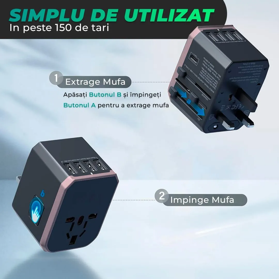 Timebox adaptor priza universal 4 USB + Type-C rose gold