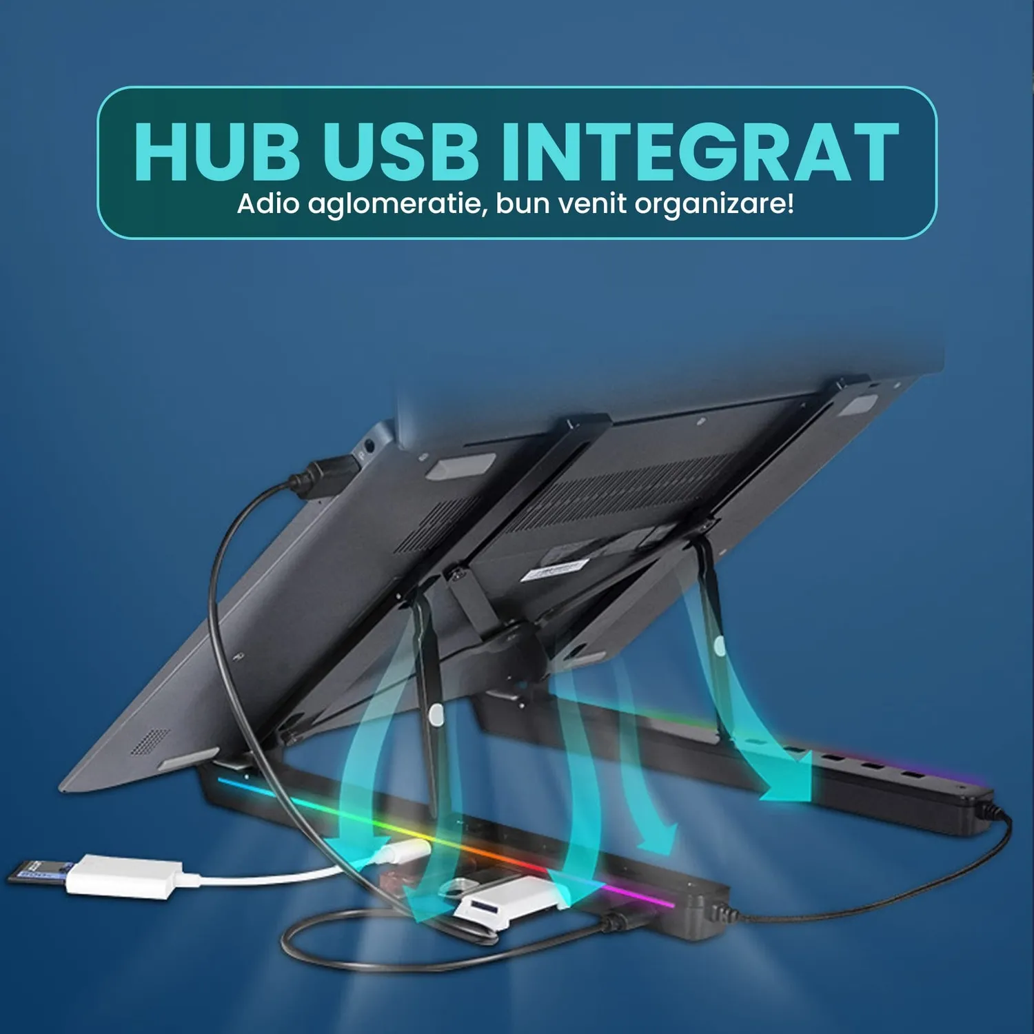 Timebox suport laptop 12-18" hub USB negru RGB