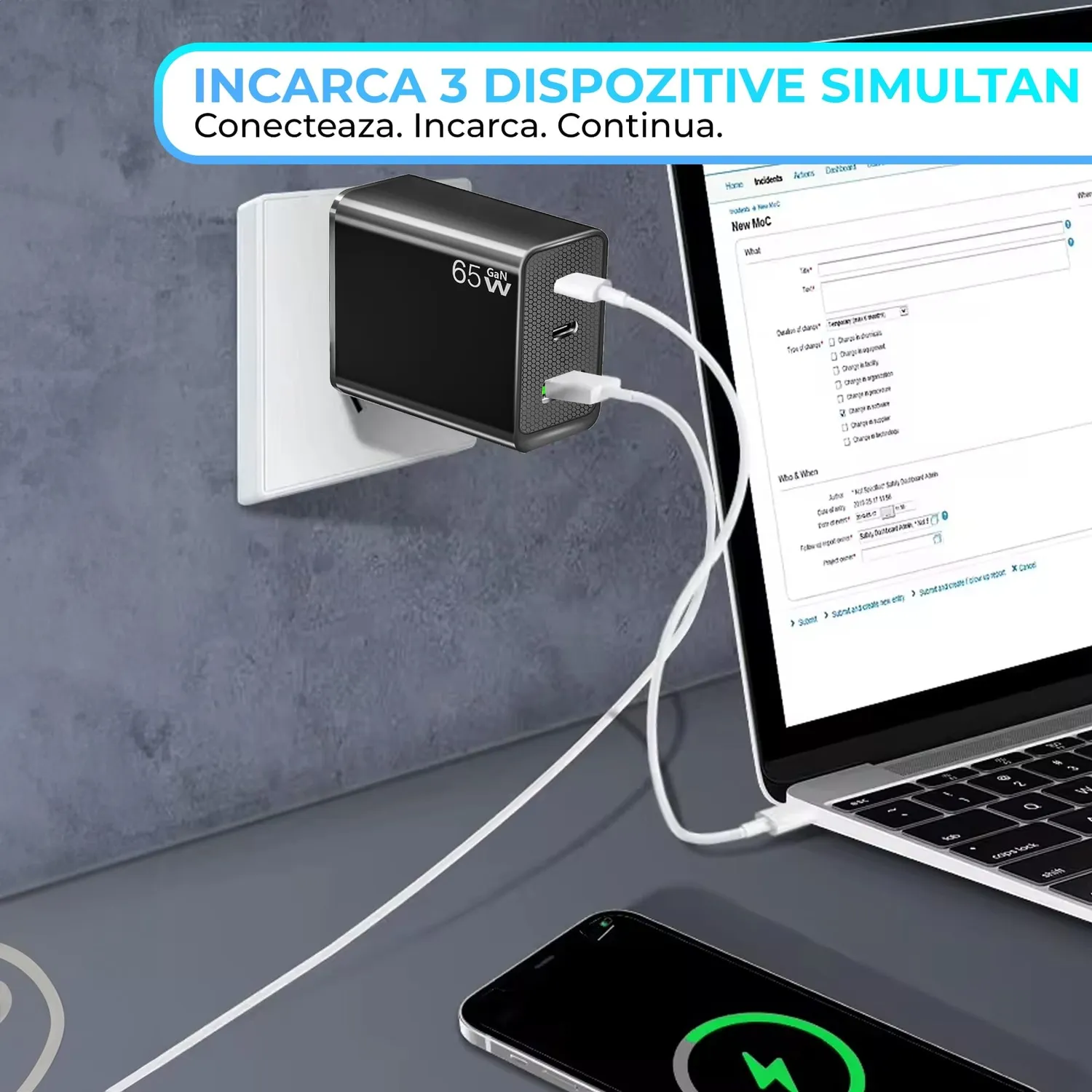 Timebox incarcator priza 65W 3 porturi negru