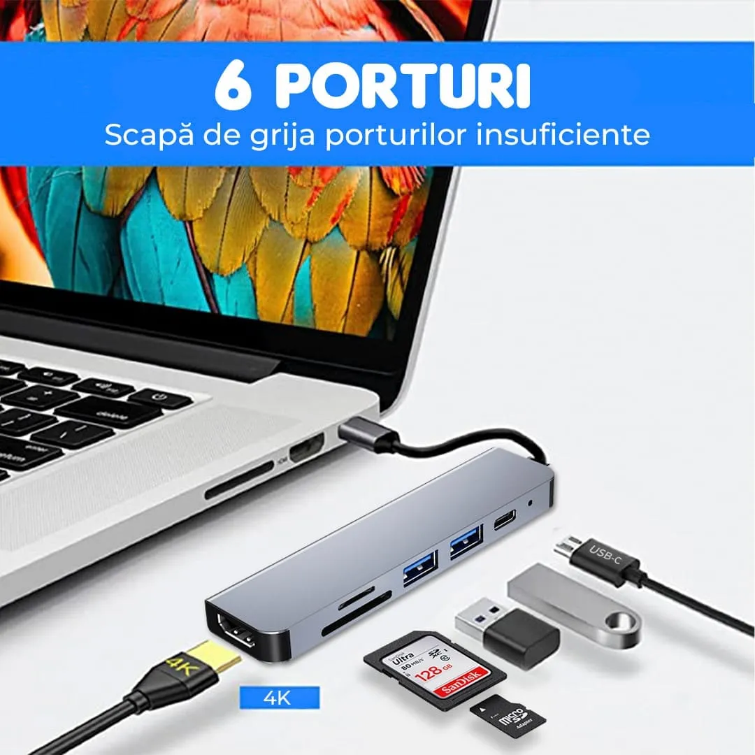 Timebox Hub USB 6 in 1 Type-C HDMI 4K Card Reader Argintiu