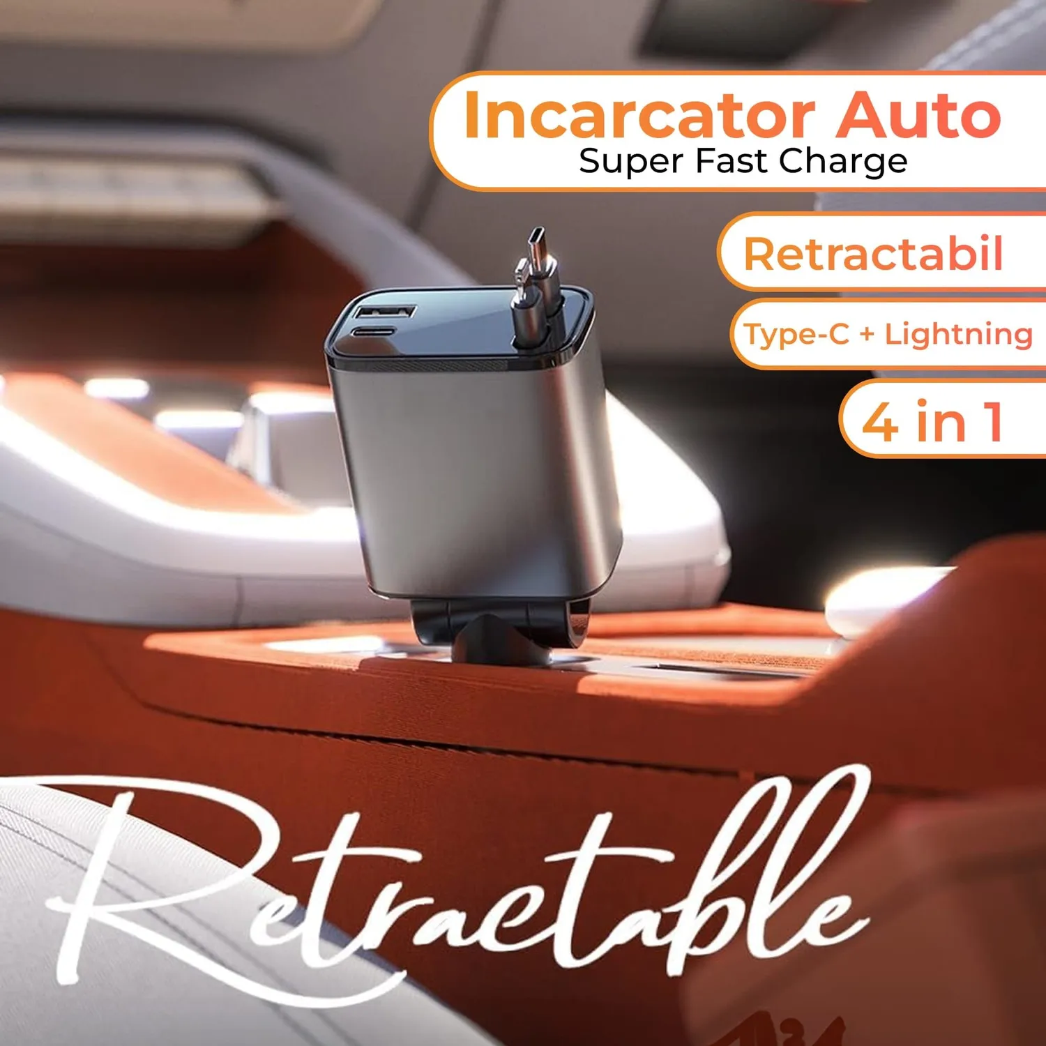 Incarcator auto Timebox 66W 4 in 1 retractabil