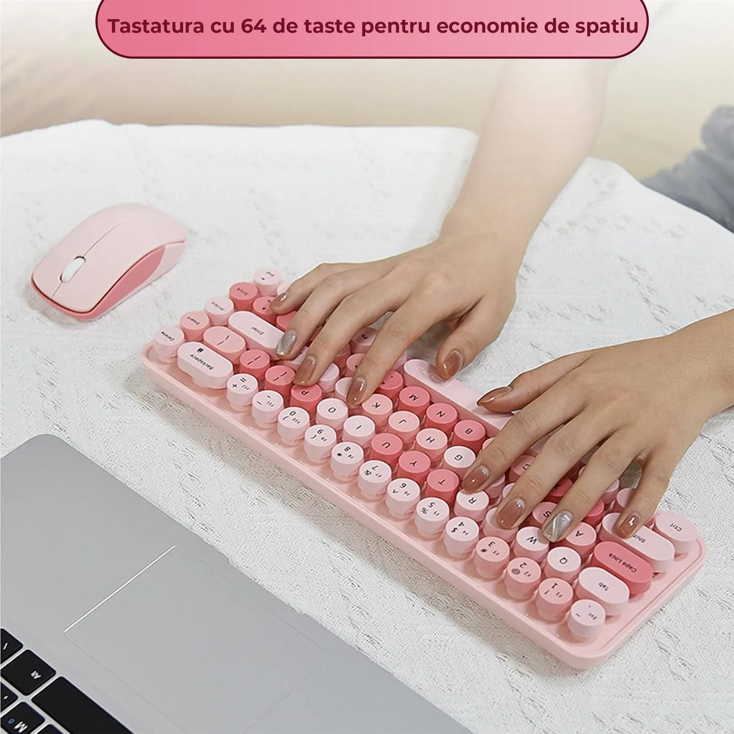 Timebox Set Tastatura Mouse Wireless 68 Taste Roz
