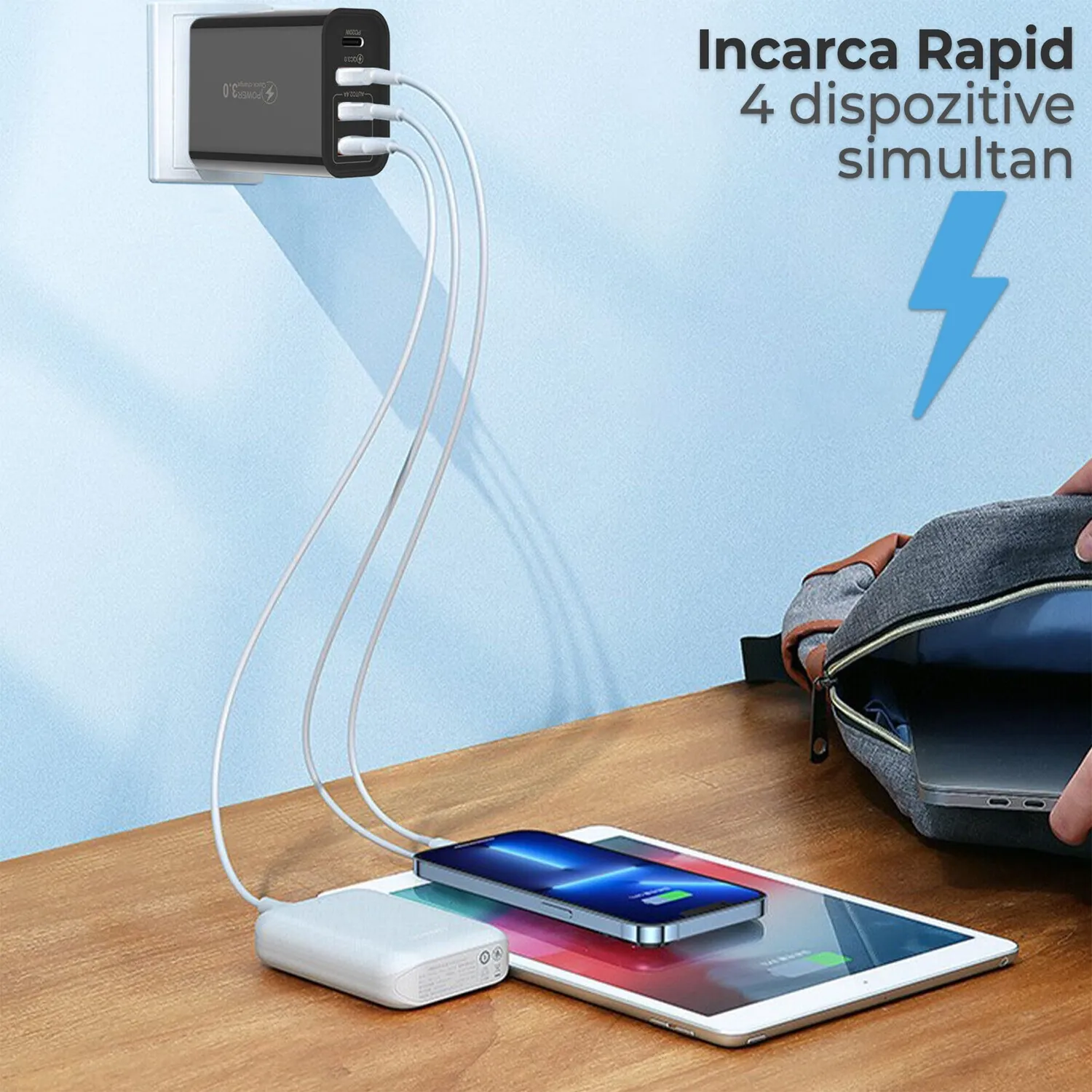 Timebox Încărcător rețea 4 porturi 20W QC 3.0 negru