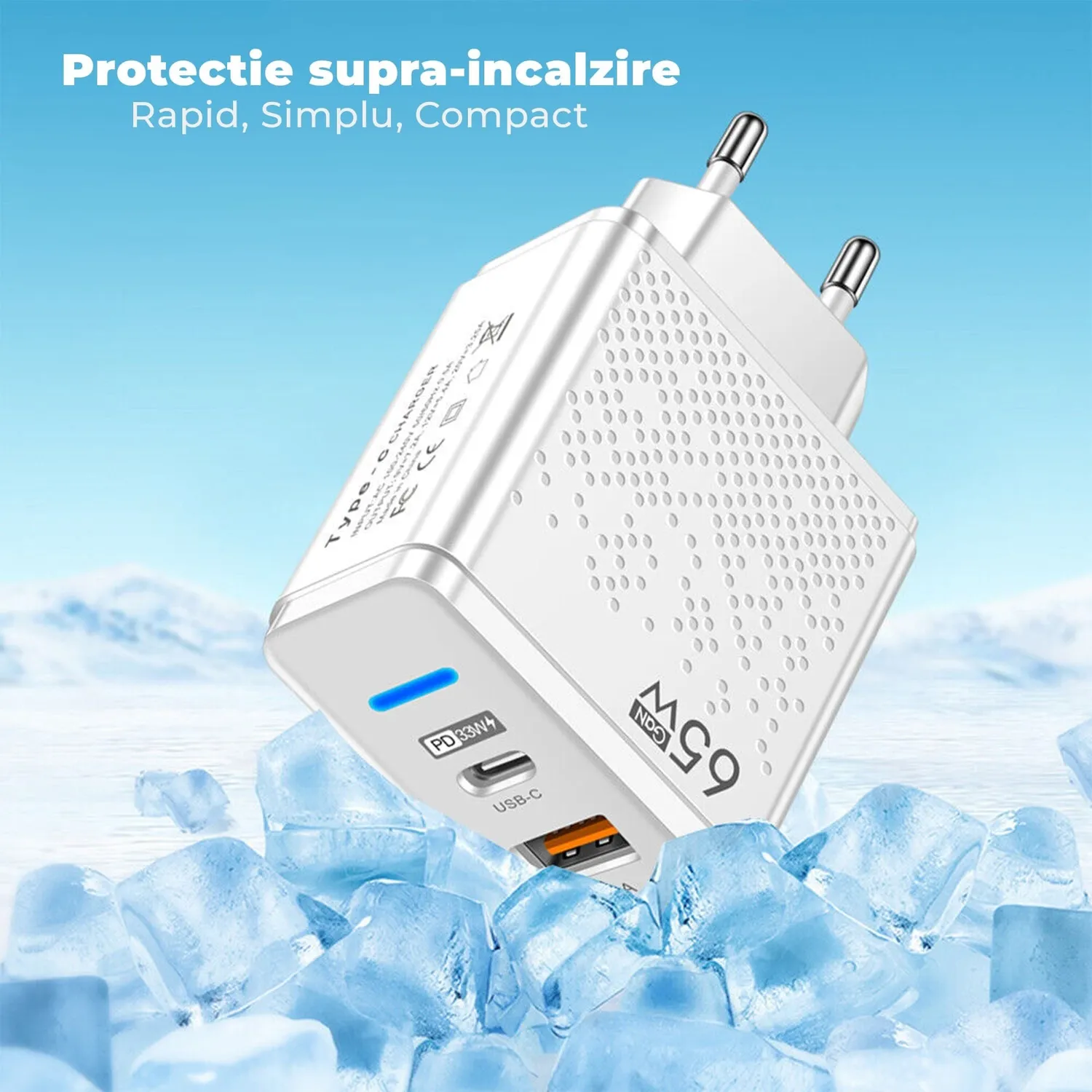 Incarcator Timebox retea 65W USB + Type-C alb LED