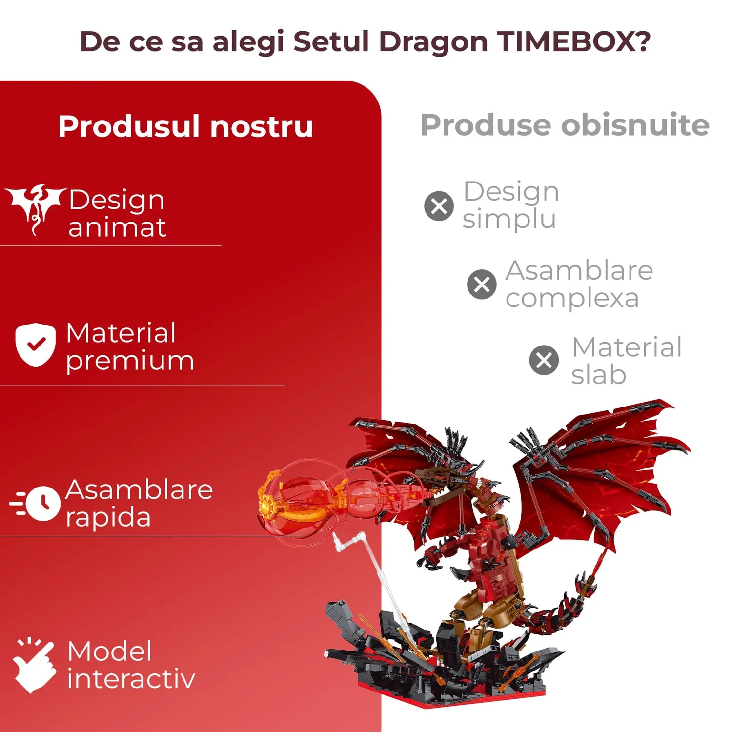 Timebox Dragon de Foc 2 in 1 set constructie rosu 1774 piese LED