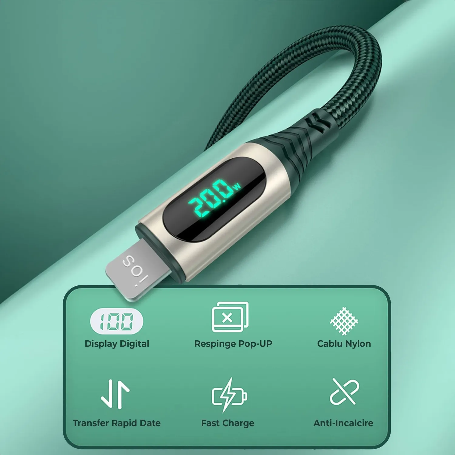 Timebox QC 3.0 cablu Lightning 1m verde afisaj LED
