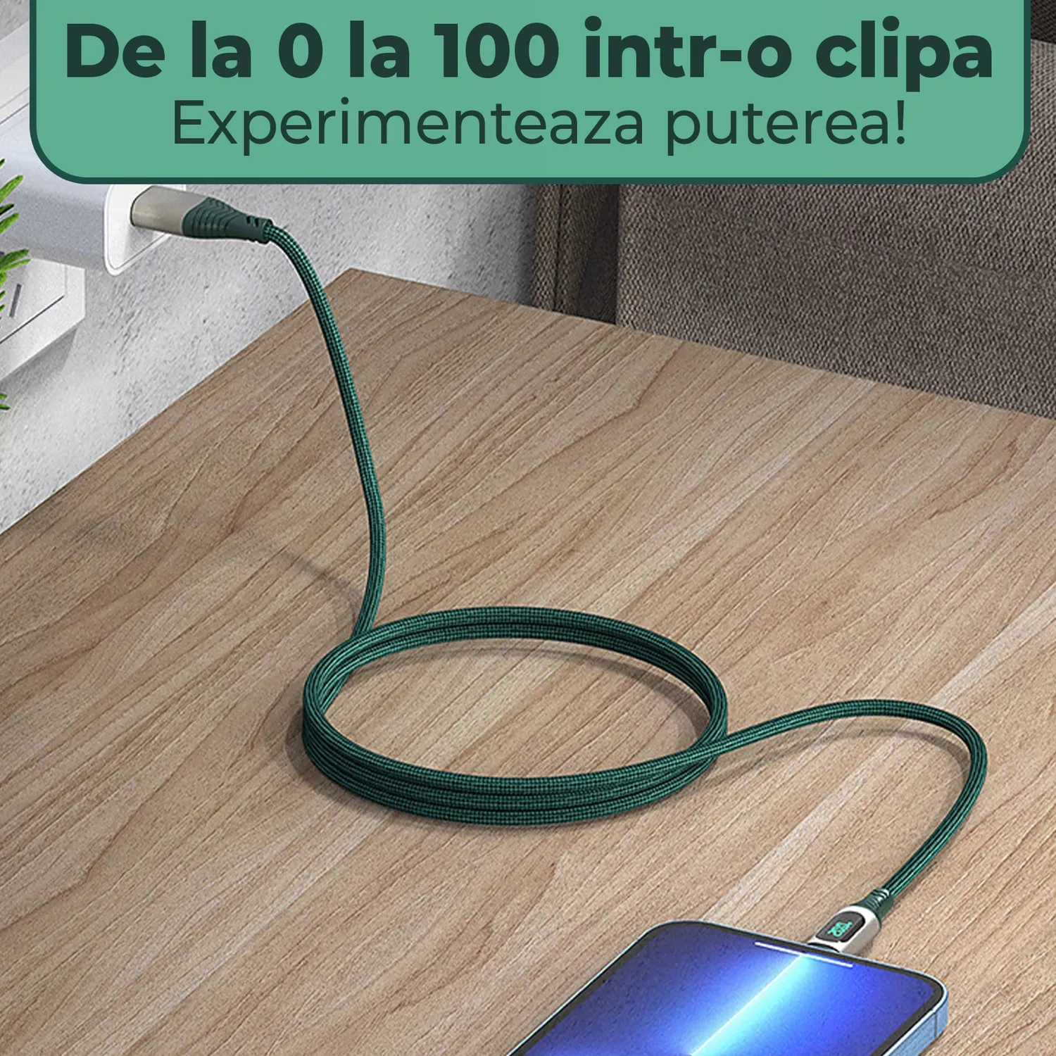 Timebox QC 3.0 cablu Lightning 1m verde afisaj LED