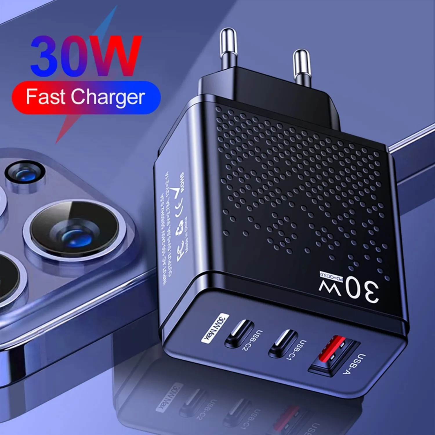 Timebox 30W incarcator retea 3 porturi USB-C USB negru
