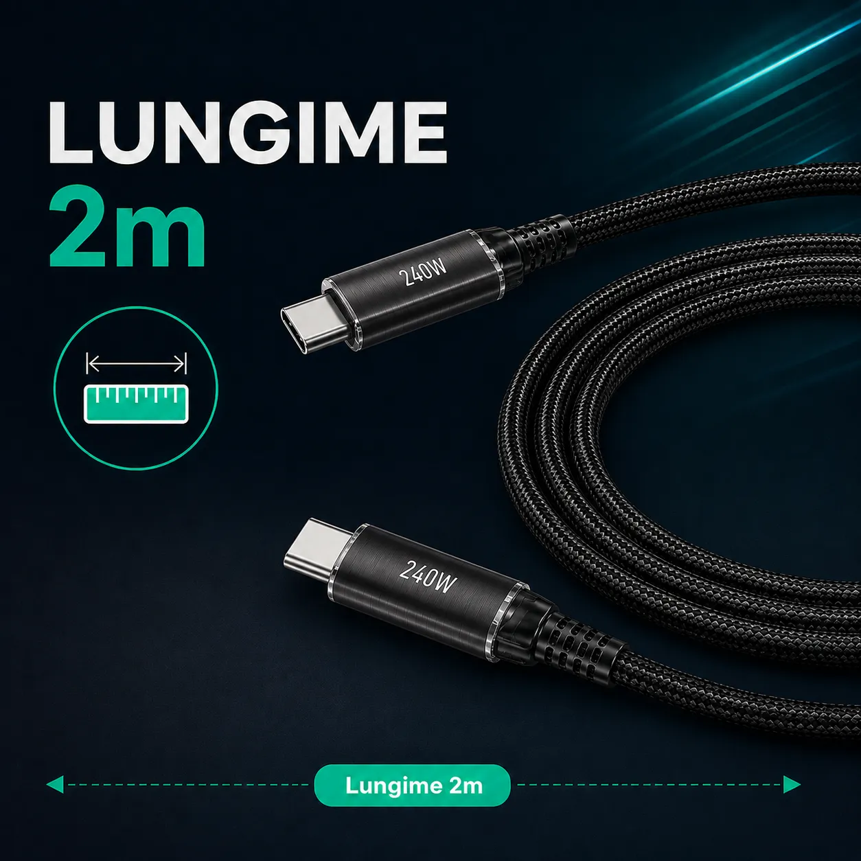 Timebox cablu USB-C Type-C 240W 2m negru nylon laptop