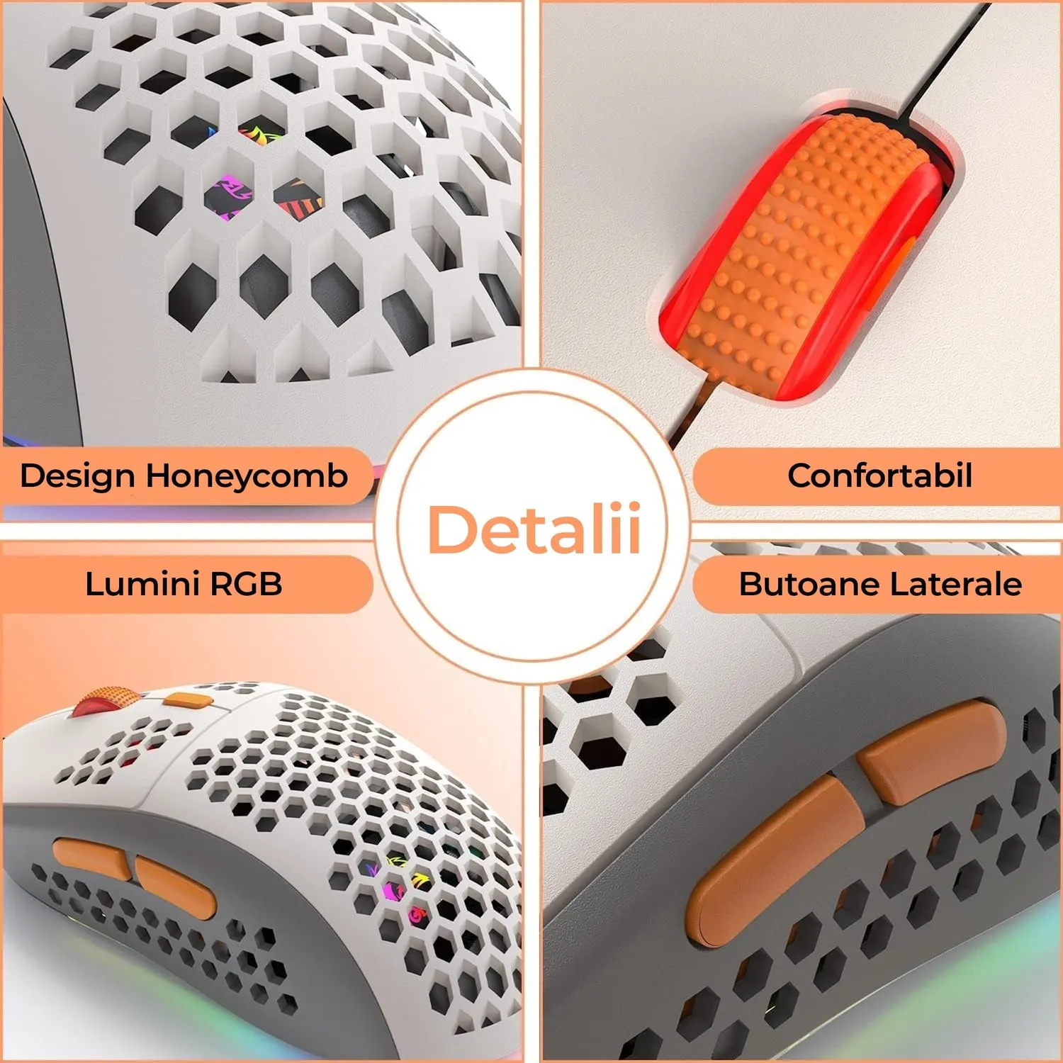 Timebox mouse gaming USB 6400 DPI RGB alb portocaliu usor