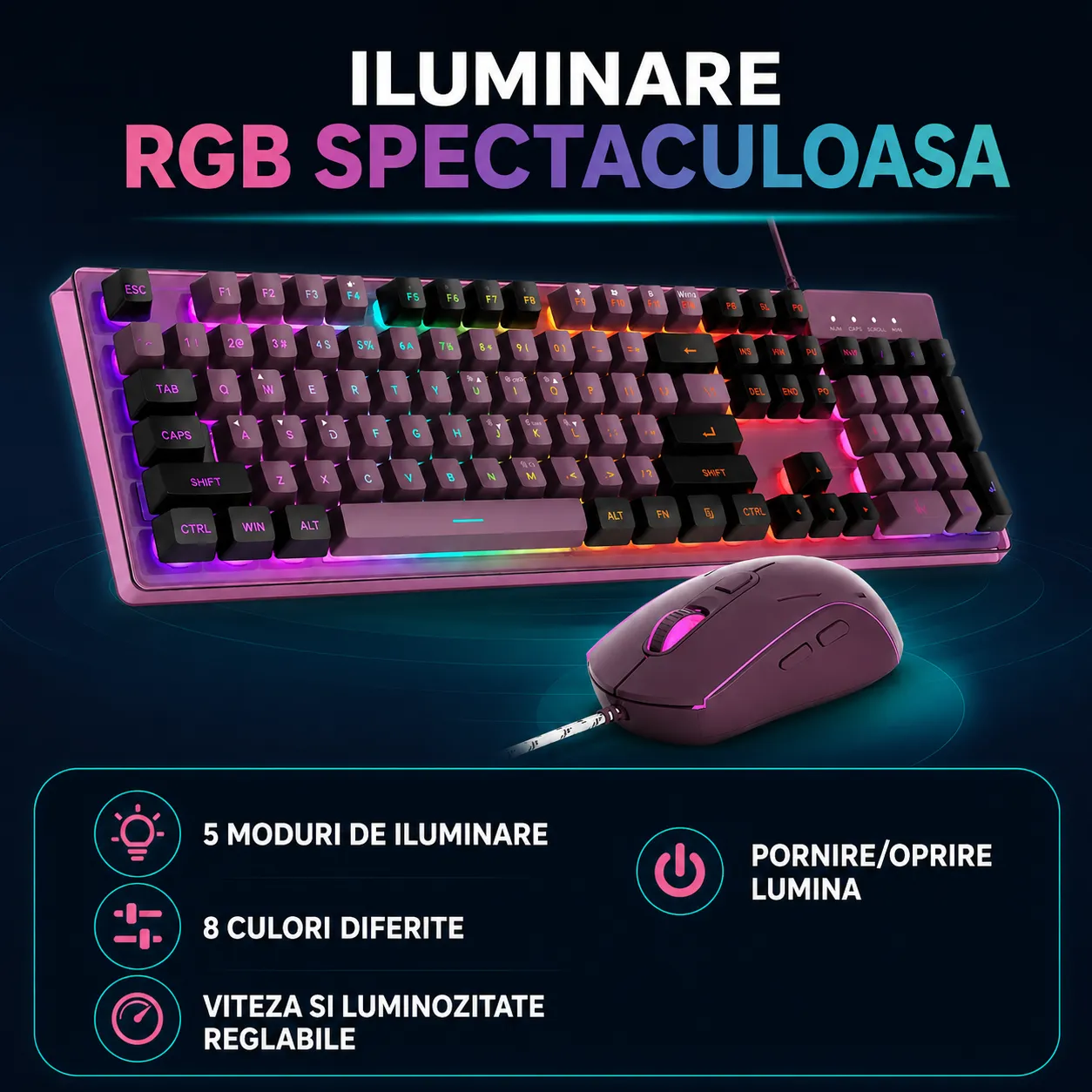 Timebox kit gaming tastatura mouse RGB mov full-size 8 culori