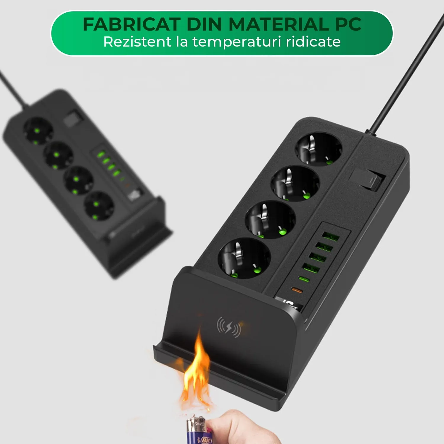 Priză Timebox 3000W cu întrerupător prelungitor 4 prize negru