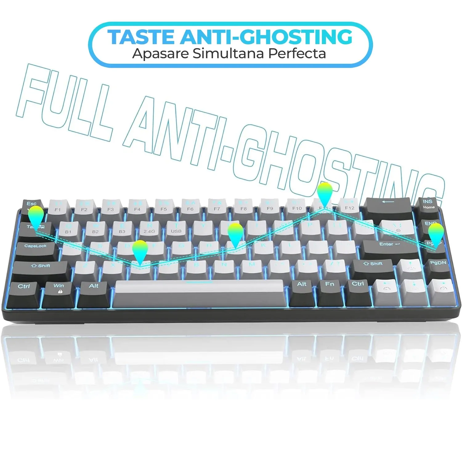 Timebox tastatură gaming mecanică 65% wireless LED