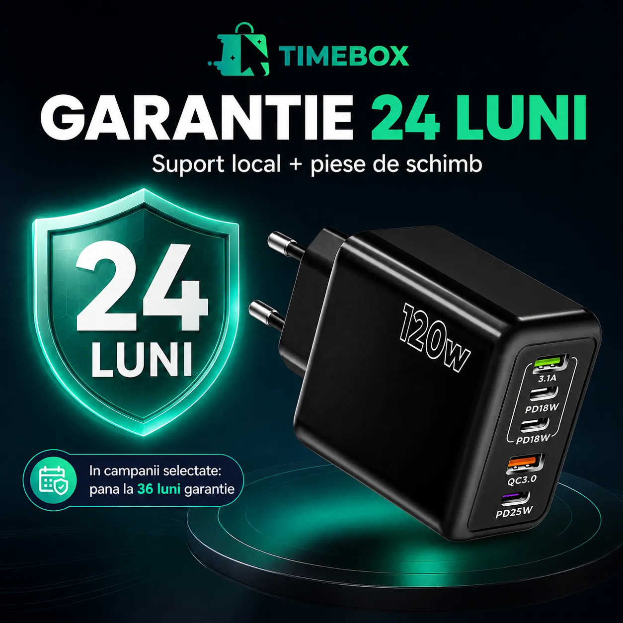 Timebox Încărcător rețea 5 porturi 120W 3x Type-C negru