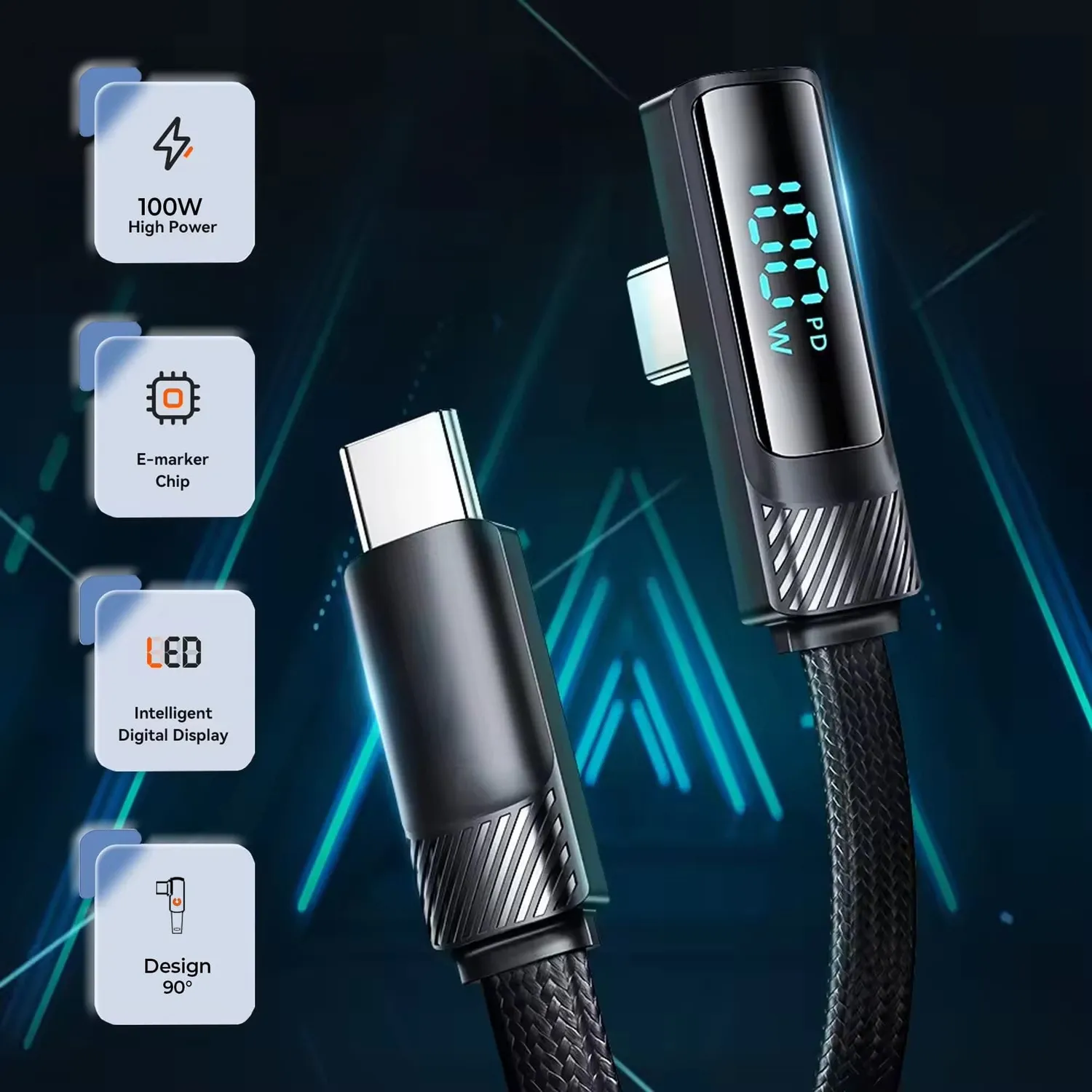 Timebox 100W cablu USB-C negru 2m 90° LED