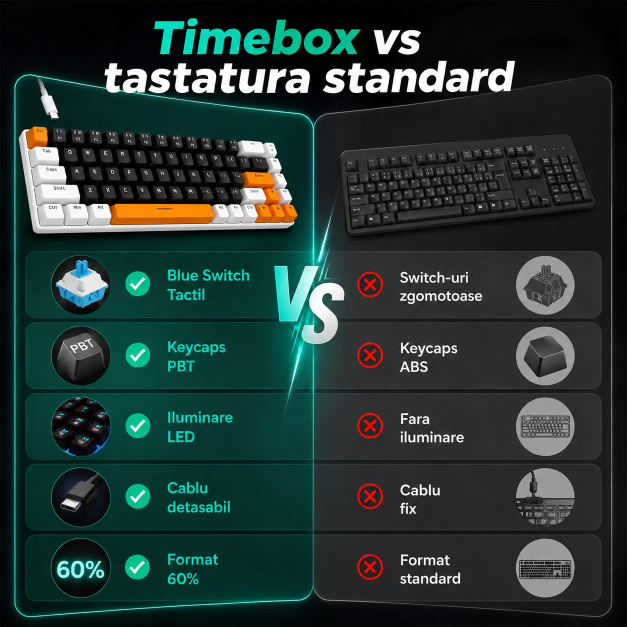 Timebox Tastatura mecanica gaming 60% Blue Switch portocalie