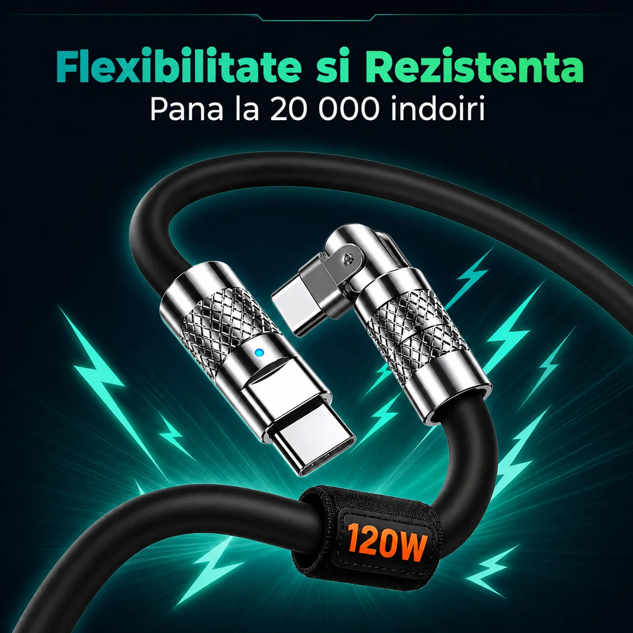Timebox Cablu Type-C 120W Negru 1,5m cu LED QC 3.0
