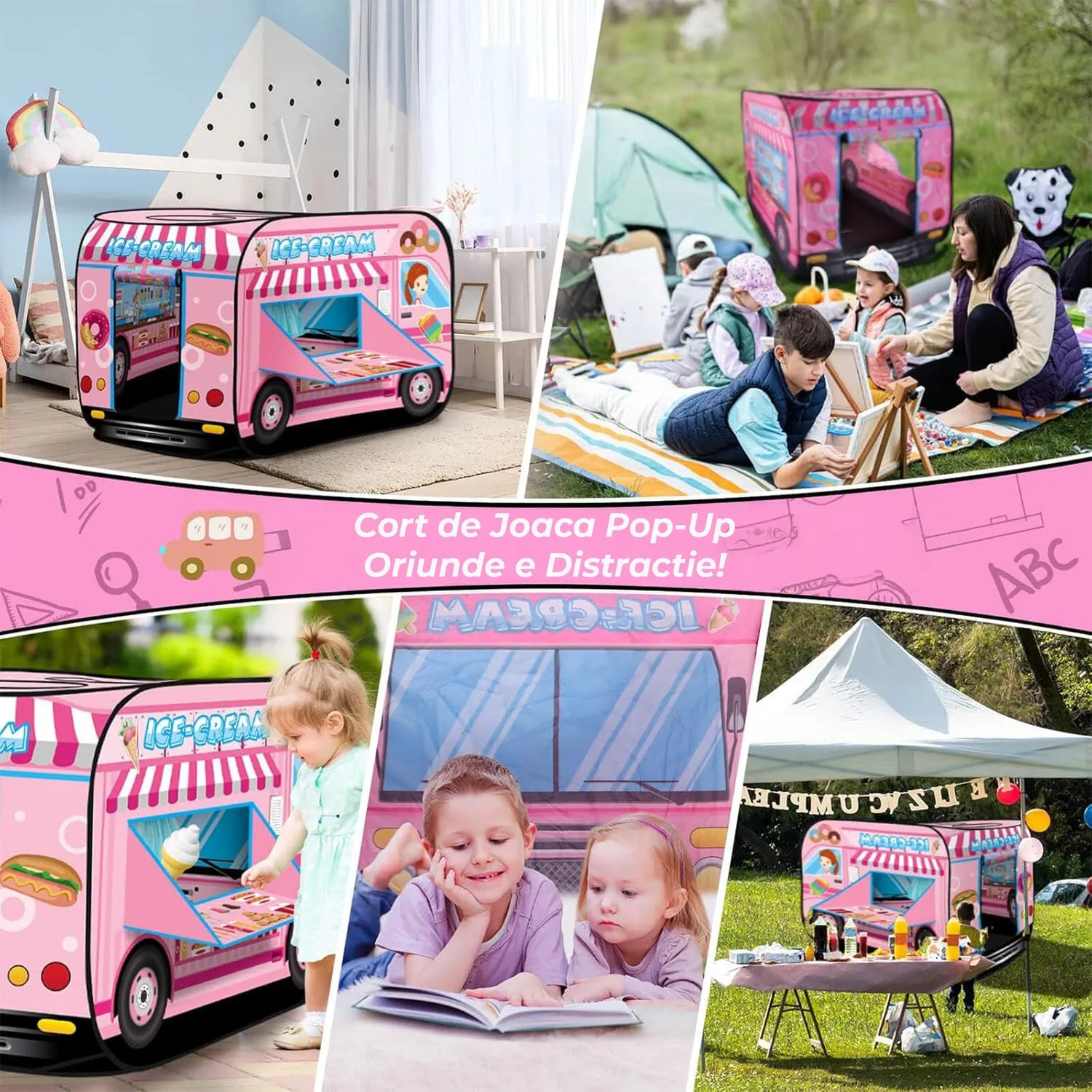 Timebox cort joaca pop-up copii 1-5 ani roz Ice Cream