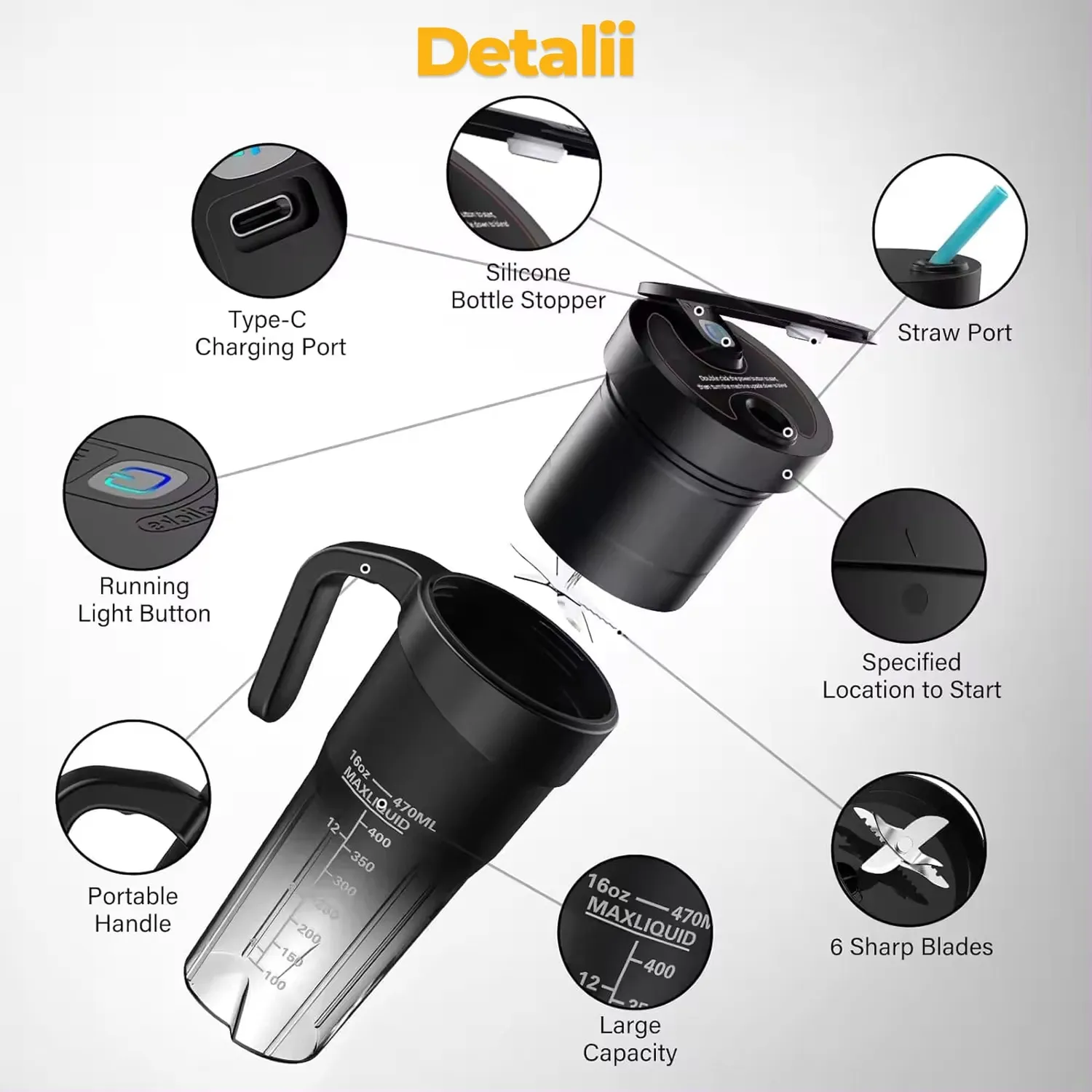 Timebox Mini blender electric portabil 470ml negru 4000mAh