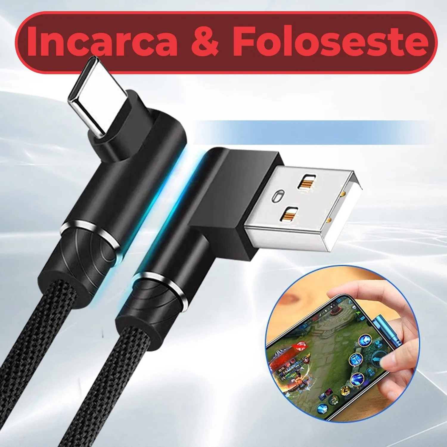 Timebox cablu date incarcare USB Type-C 3m 90 grade rosu