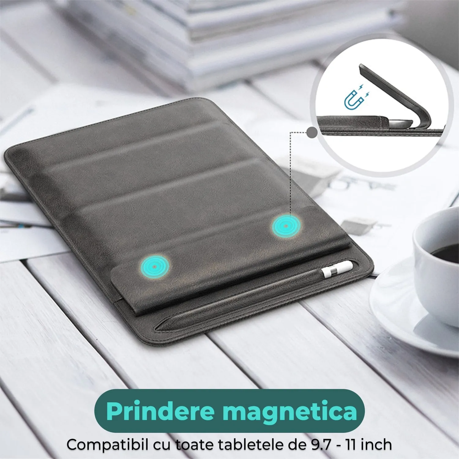 Timebox husa iPad 9.7-11 inch roz cu suport pix piele